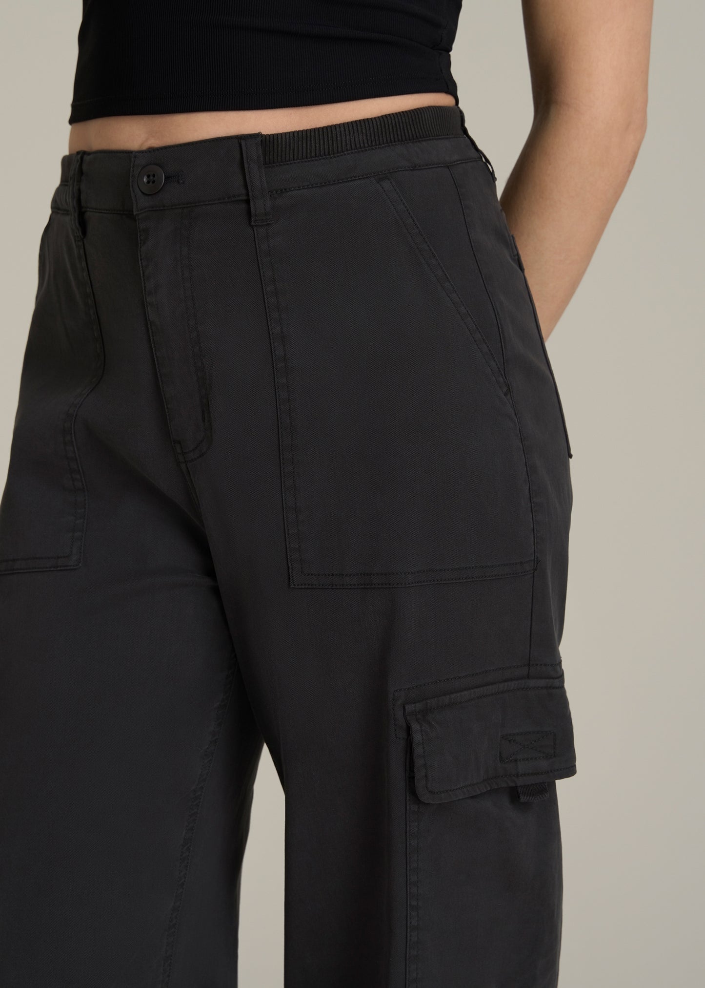 Garment Dyed Wide Leg Cargo Pants for Tall Women in Washed Vintage Black