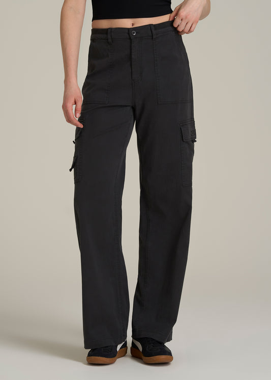 Garment Dyed Wide Leg Cargo Pants for Tall Women in Washed Vintage Black