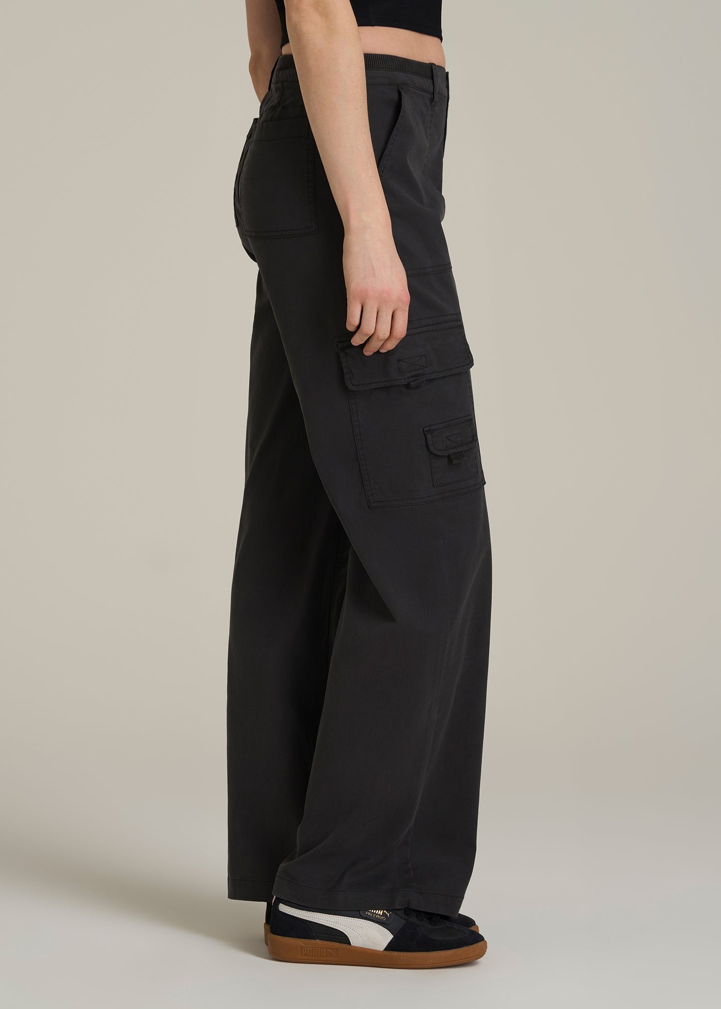 Garment Dyed Wide Leg Cargo Pants for Tall Women in Washed Vintage Black