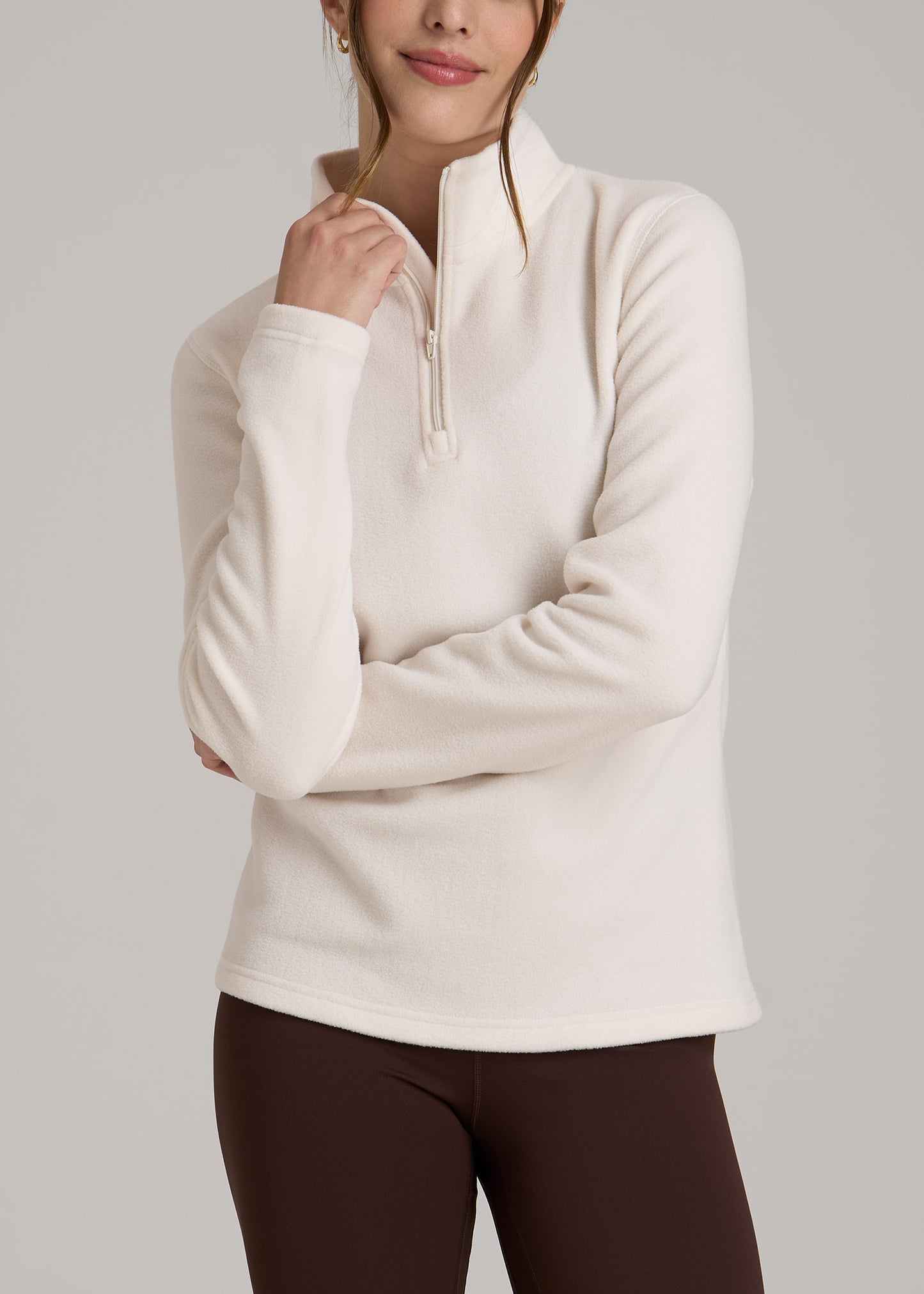 Half Zip Polar Fleece Pullover Sweater for Tall Women in White Alyssum