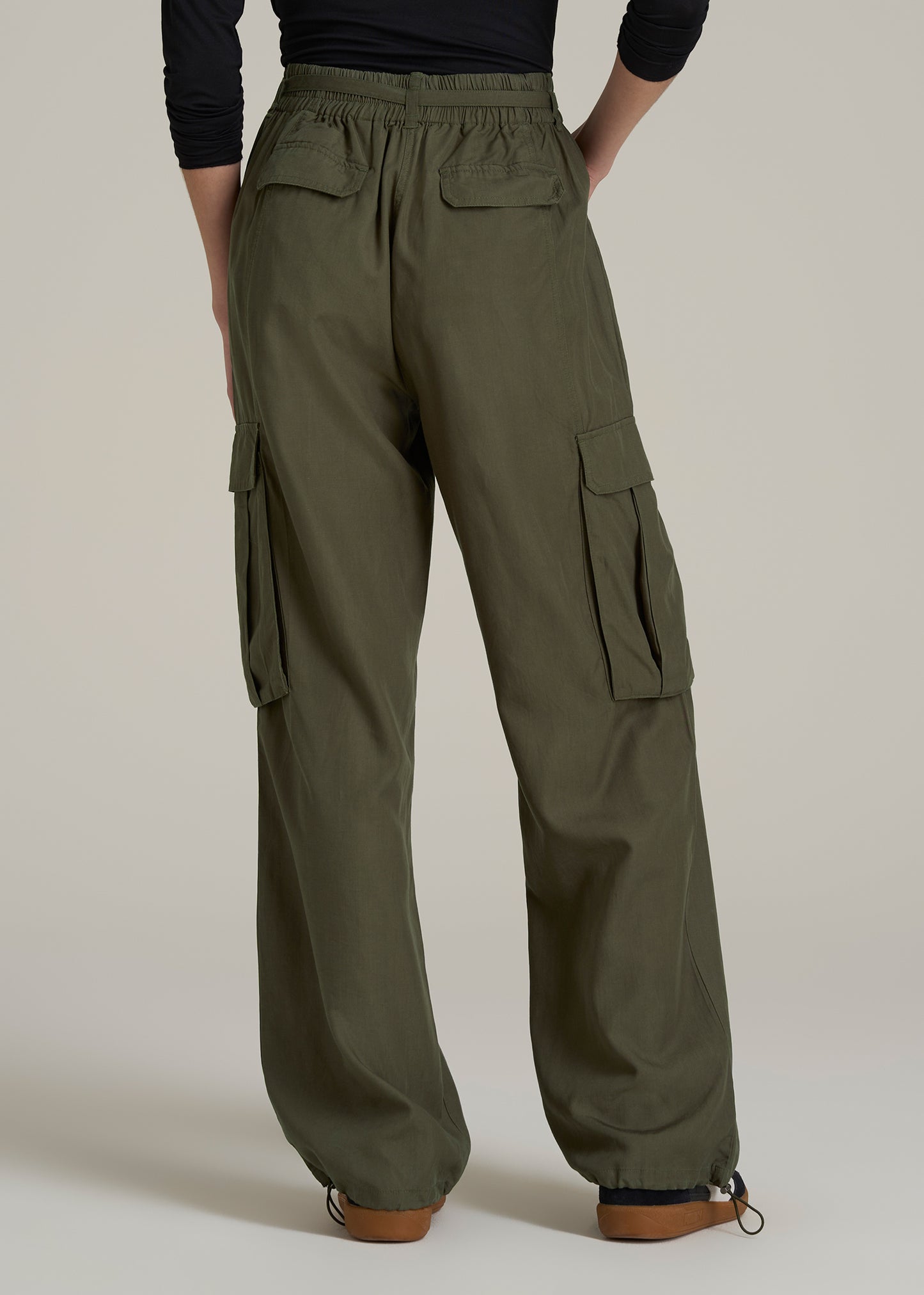 High Rise Cargo Parachute Pants for Tall Women in Forest Night