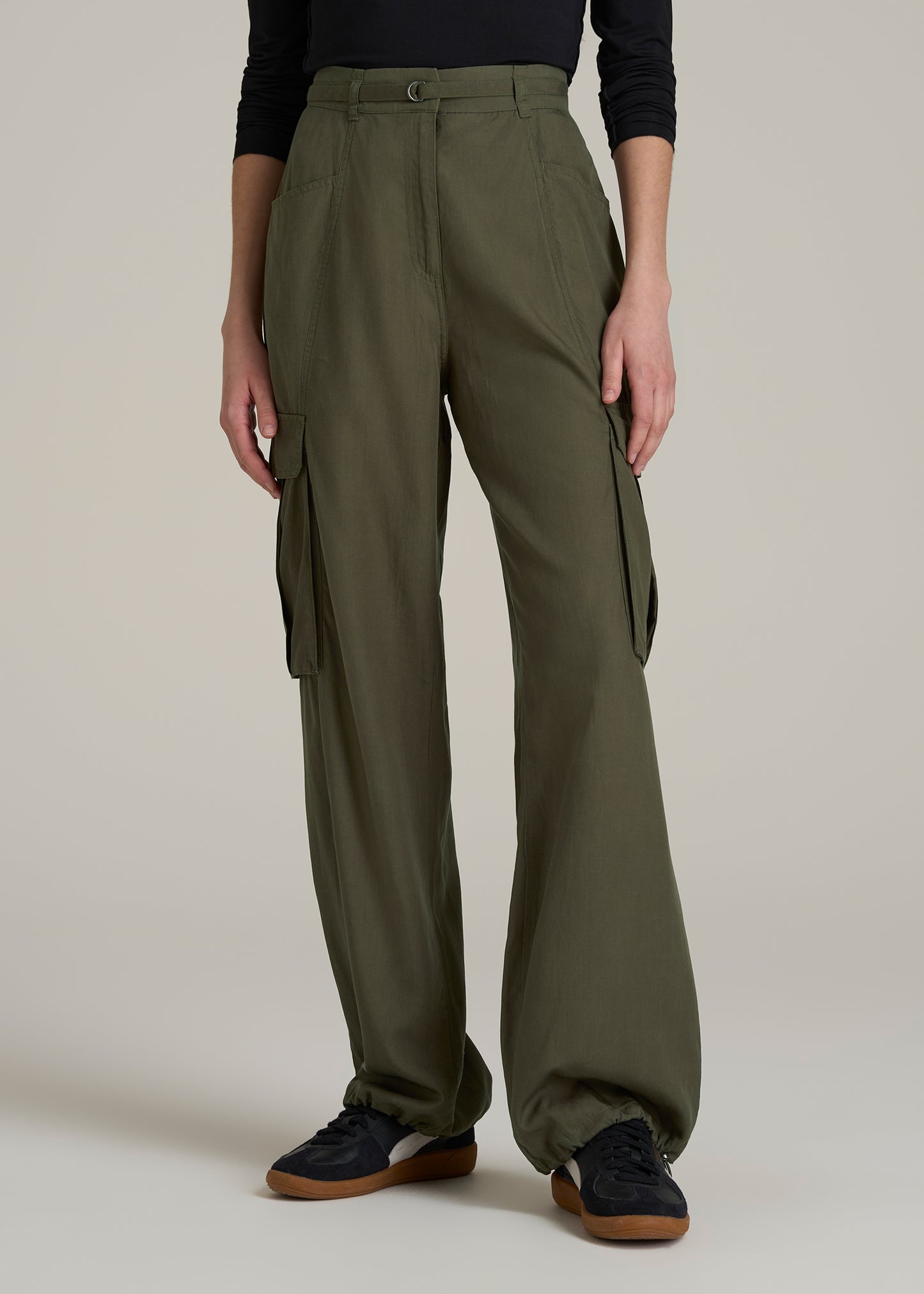 High Rise Cargo Parachute Pants for Tall Women in Forest Night