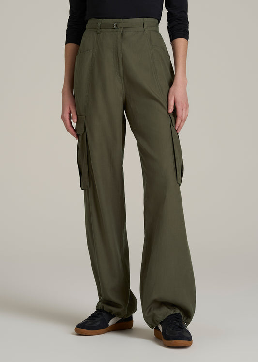 High Rise Cargo Parachute Pants for Tall Women in Forest Night