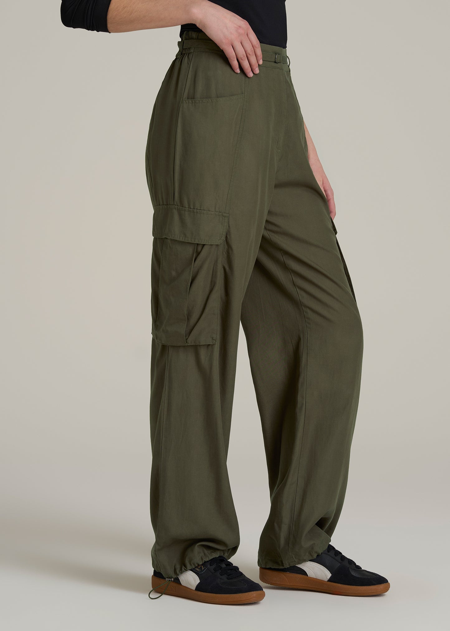 High Rise Cargo Parachute Pants for Tall Women in Forest Night