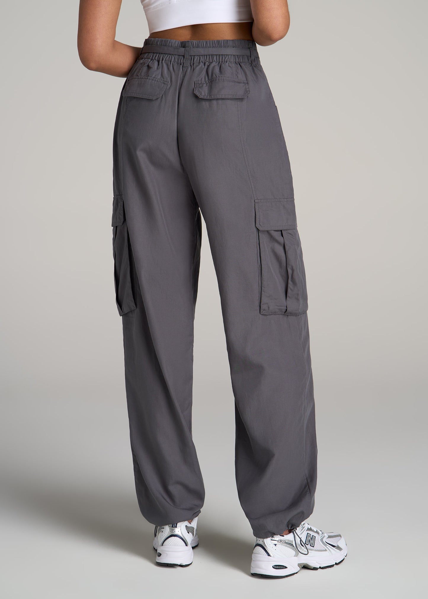 High Rise Cargo Parachute Pants for Tall Women in Slate