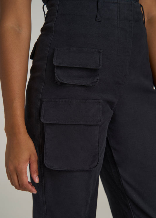 High-Waist Flat Front Cargo Pants for Tall Women in Black