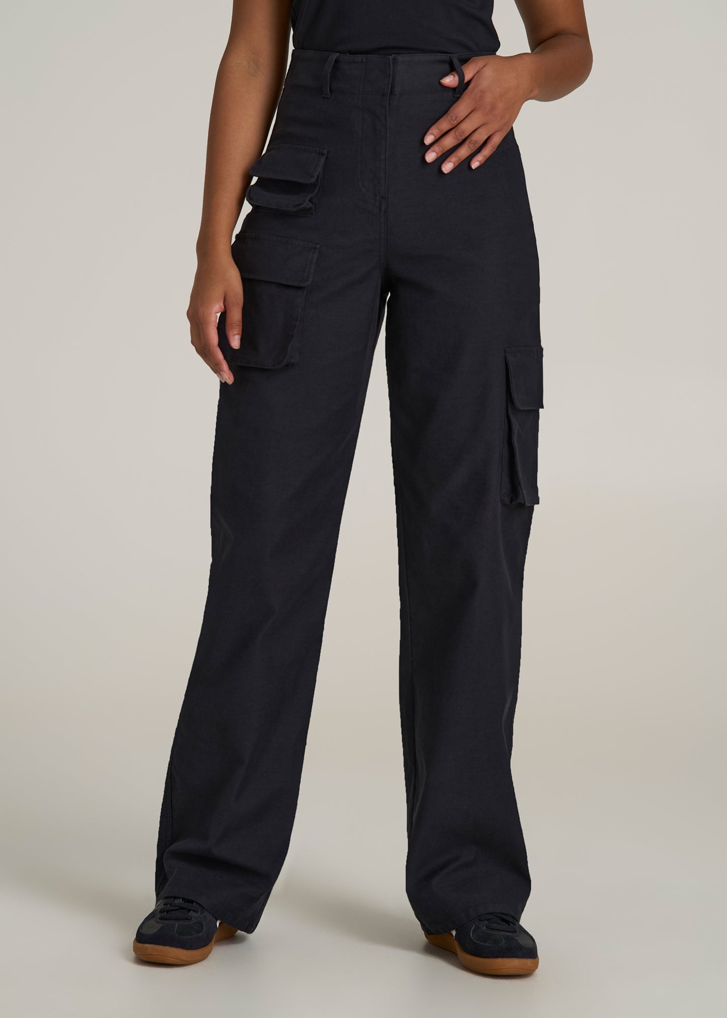 High-Waist Flat Front Cargo Pants for Tall Women in Black