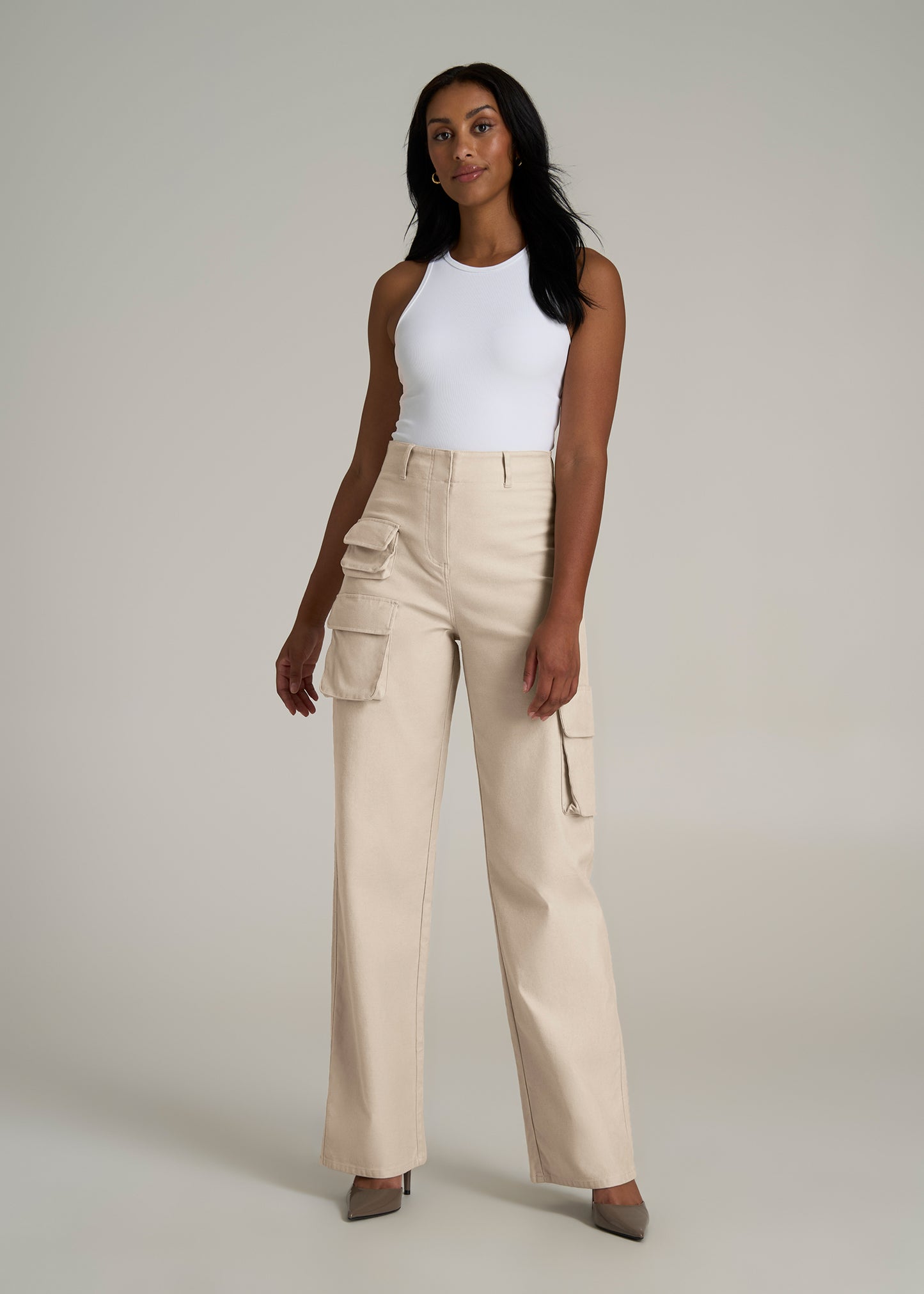 High-Waist Flat Front Cargo Pants for Tall Women in Stone