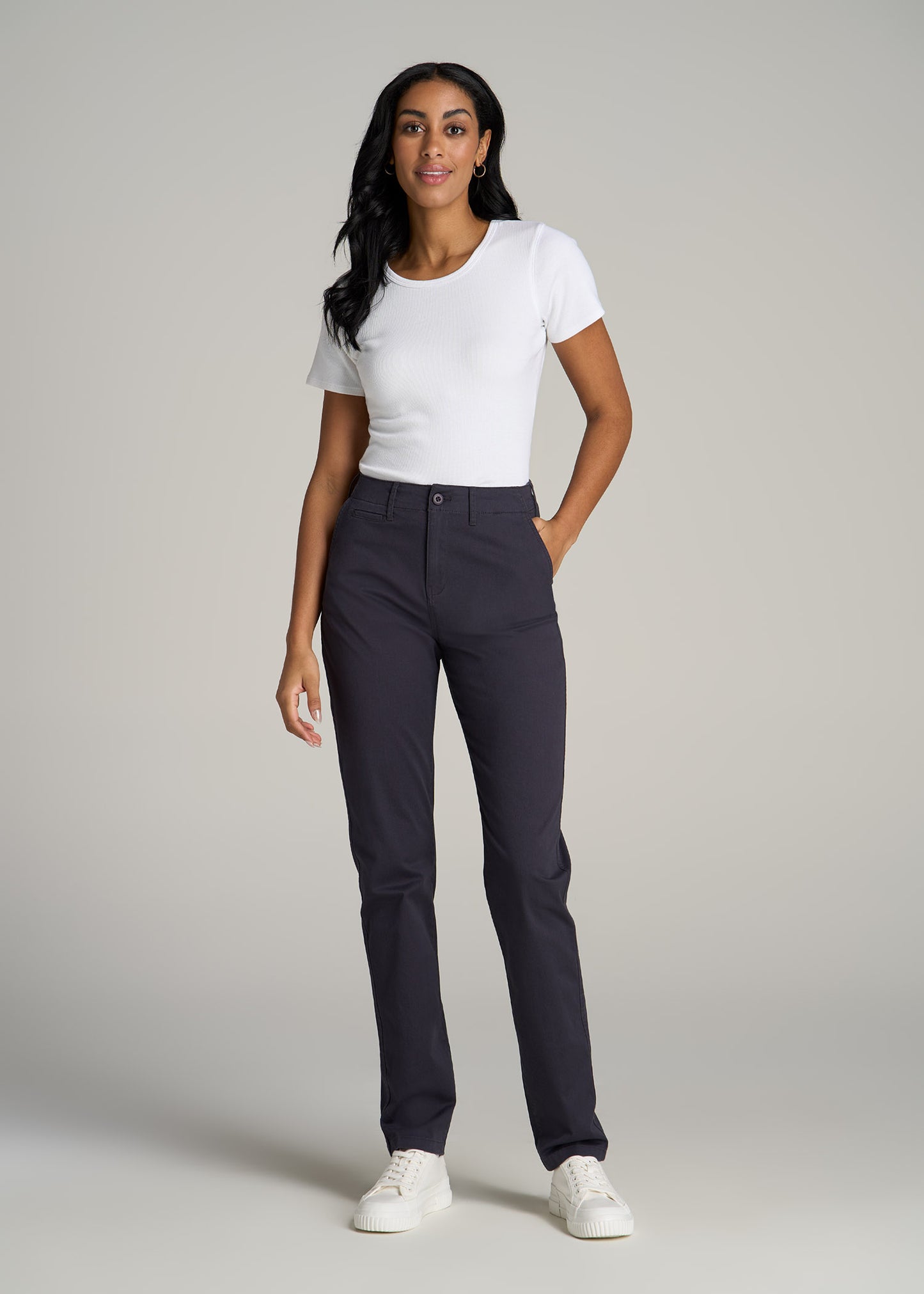 High Rise Tapered Chino Pants for Tall Women in Charcoal Rinse