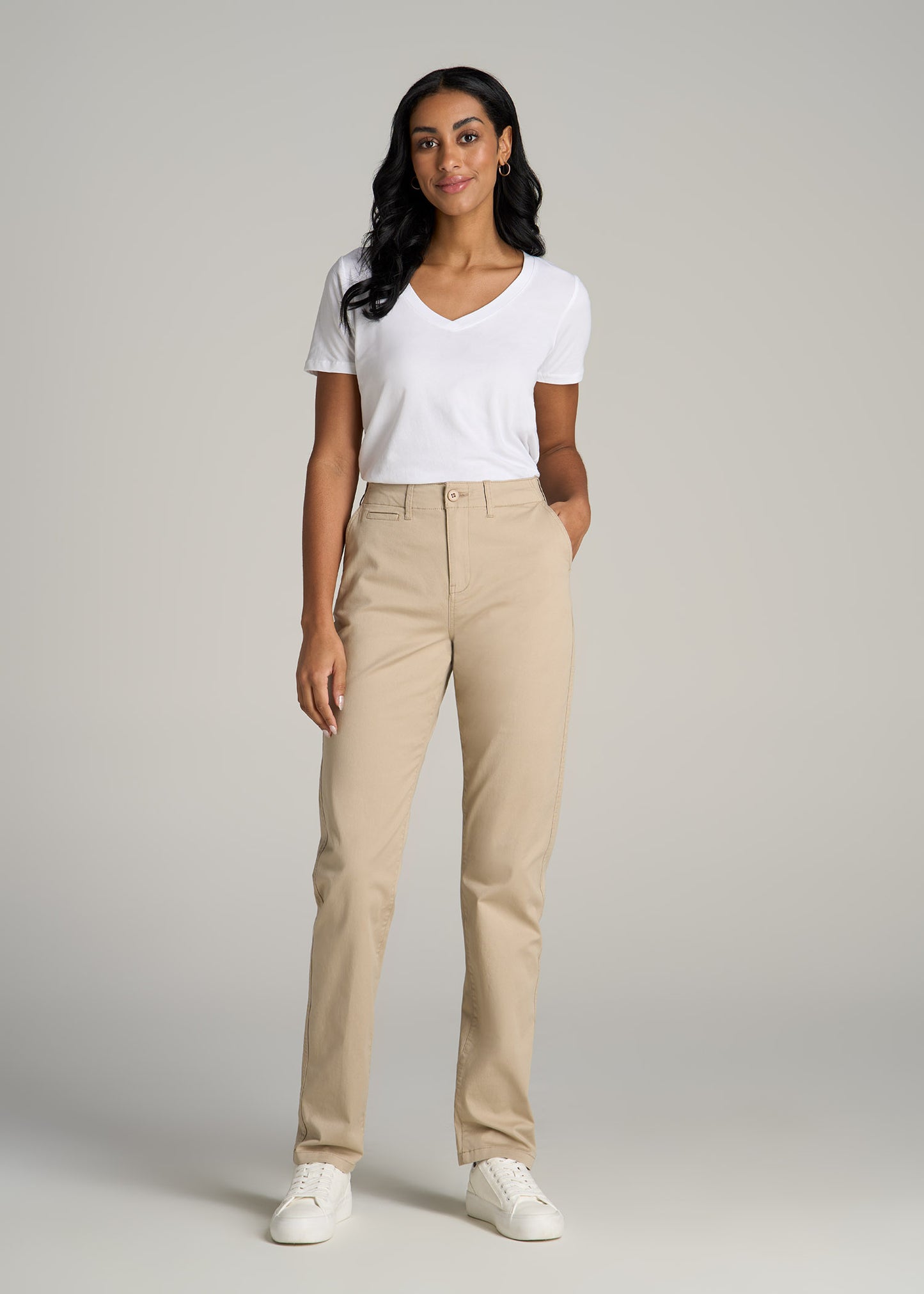 High Rise Tapered Chino Pants for Tall Women in Light Khaki