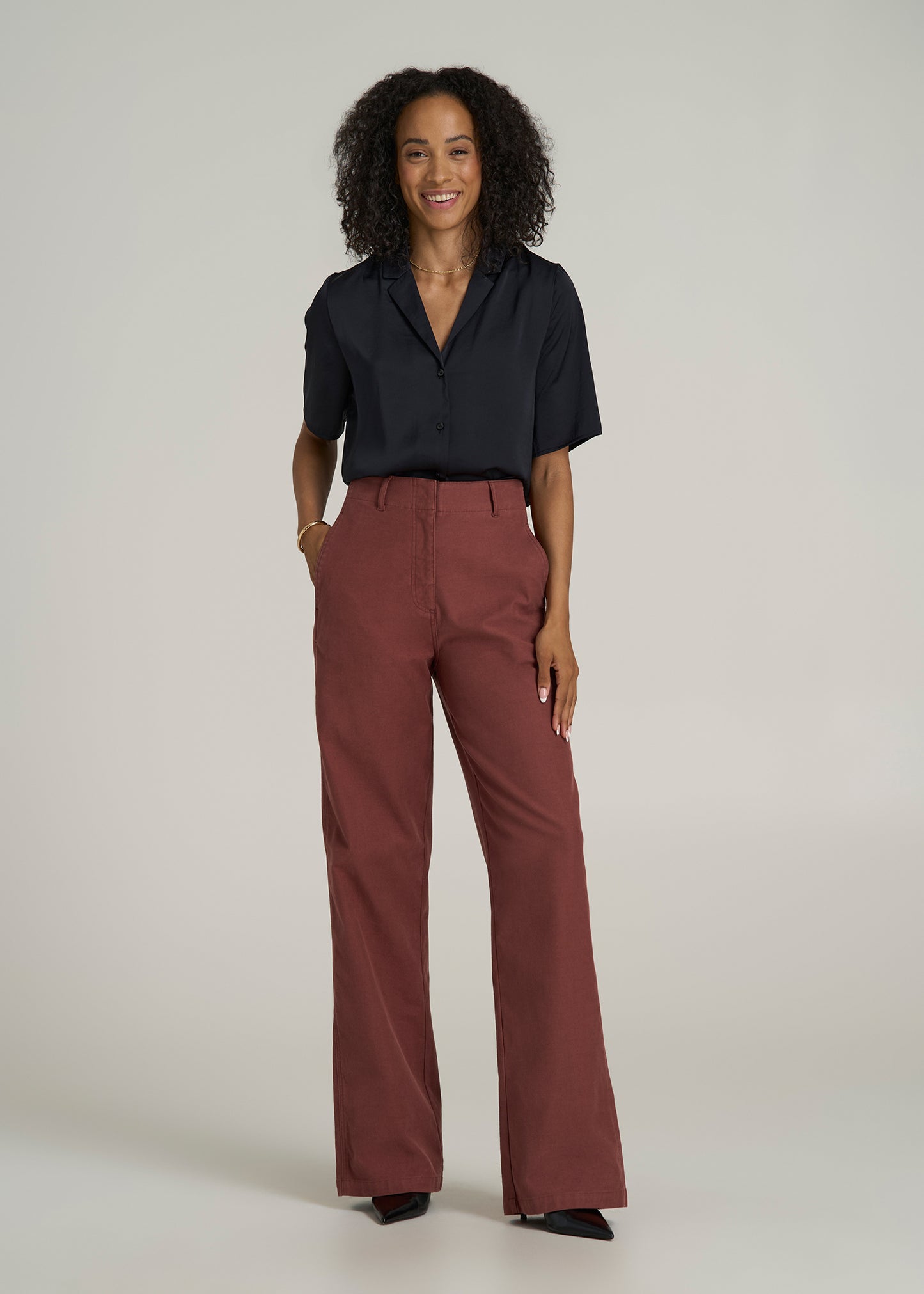 High-Rise Wide-Leg Flat-Front Chino Pants for Tall Women in Intense Rust