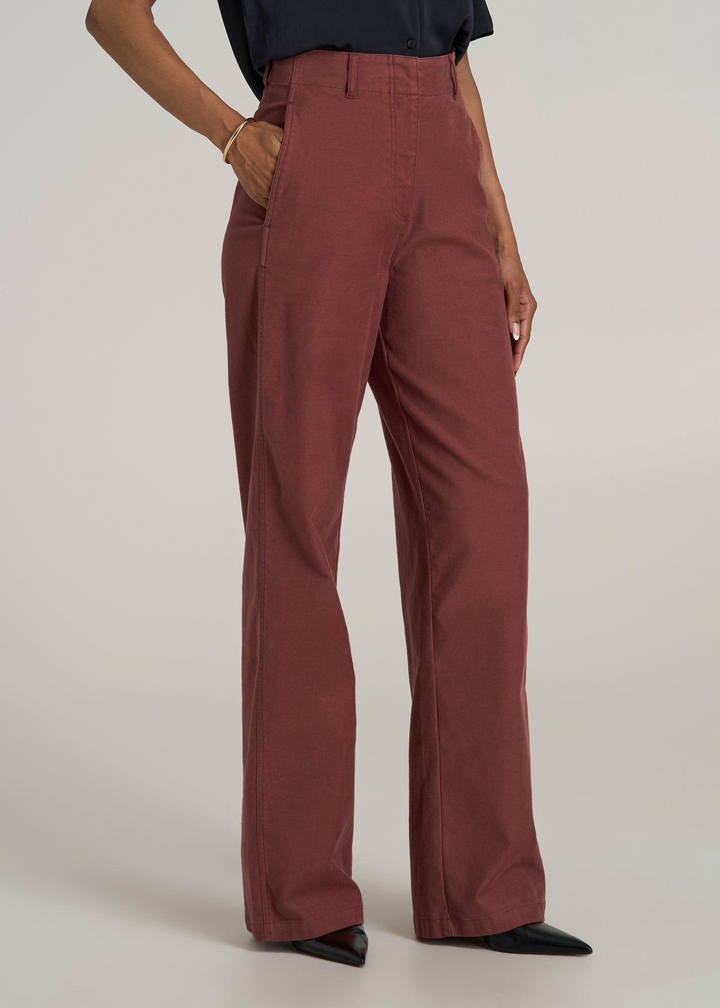 High-Rise Wide-Leg Flat-Front Chino Pants for Tall Women in Intense Rust