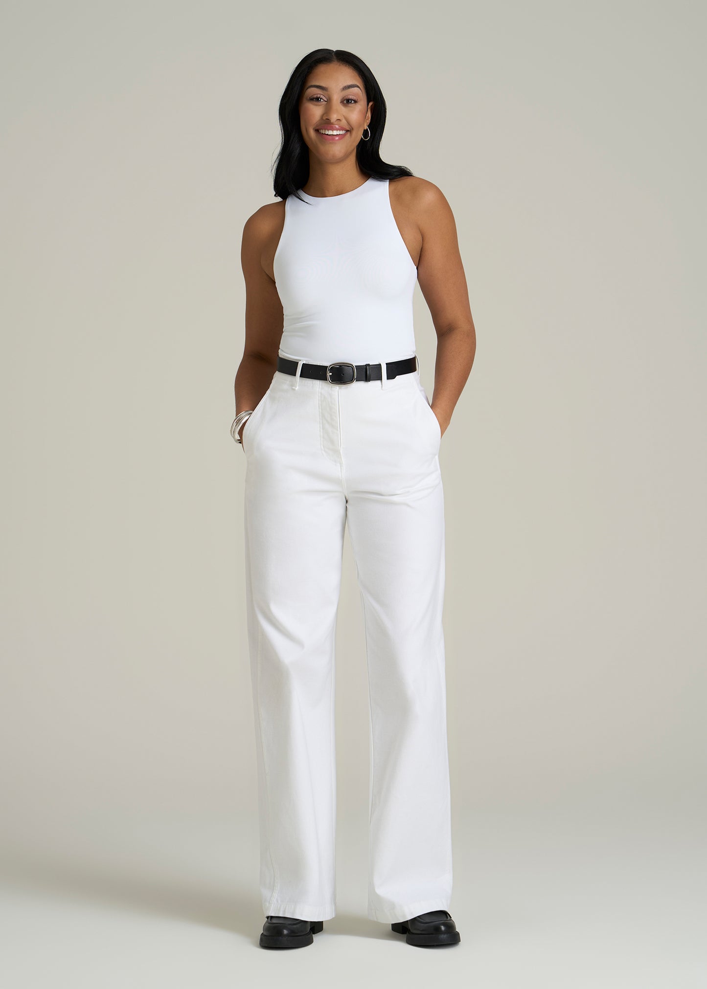 High-Rise Wide-Leg Flat-Front Chino Pants for Tall Women in White