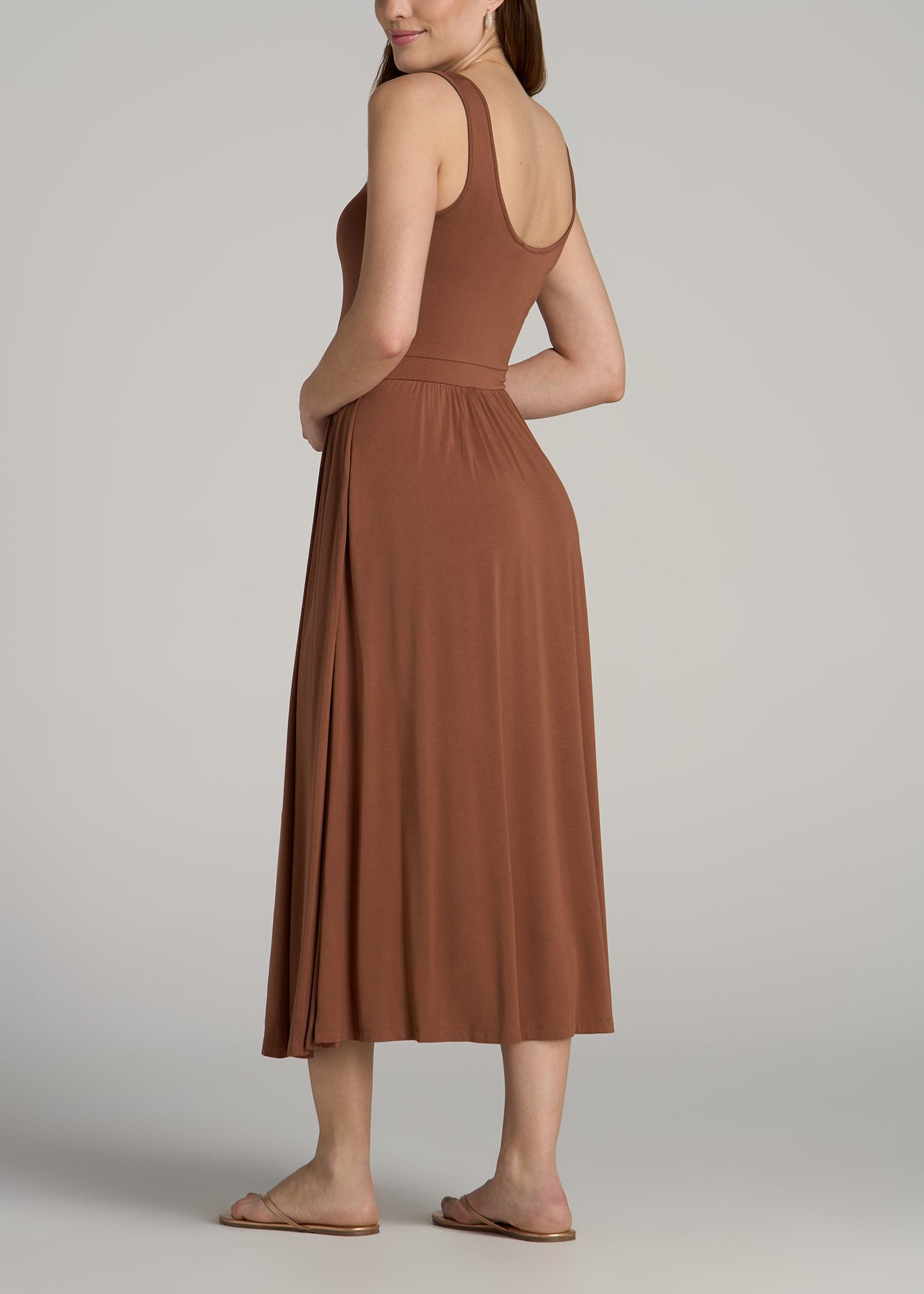 Jersey Tank Dress with Pockets for Tall Women in Clay Brown