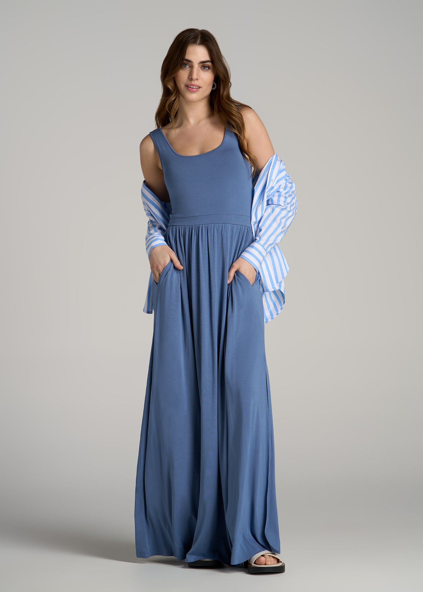 Jersey Tank Maxi Dress with Pockets for Tall Women in Steel Blue