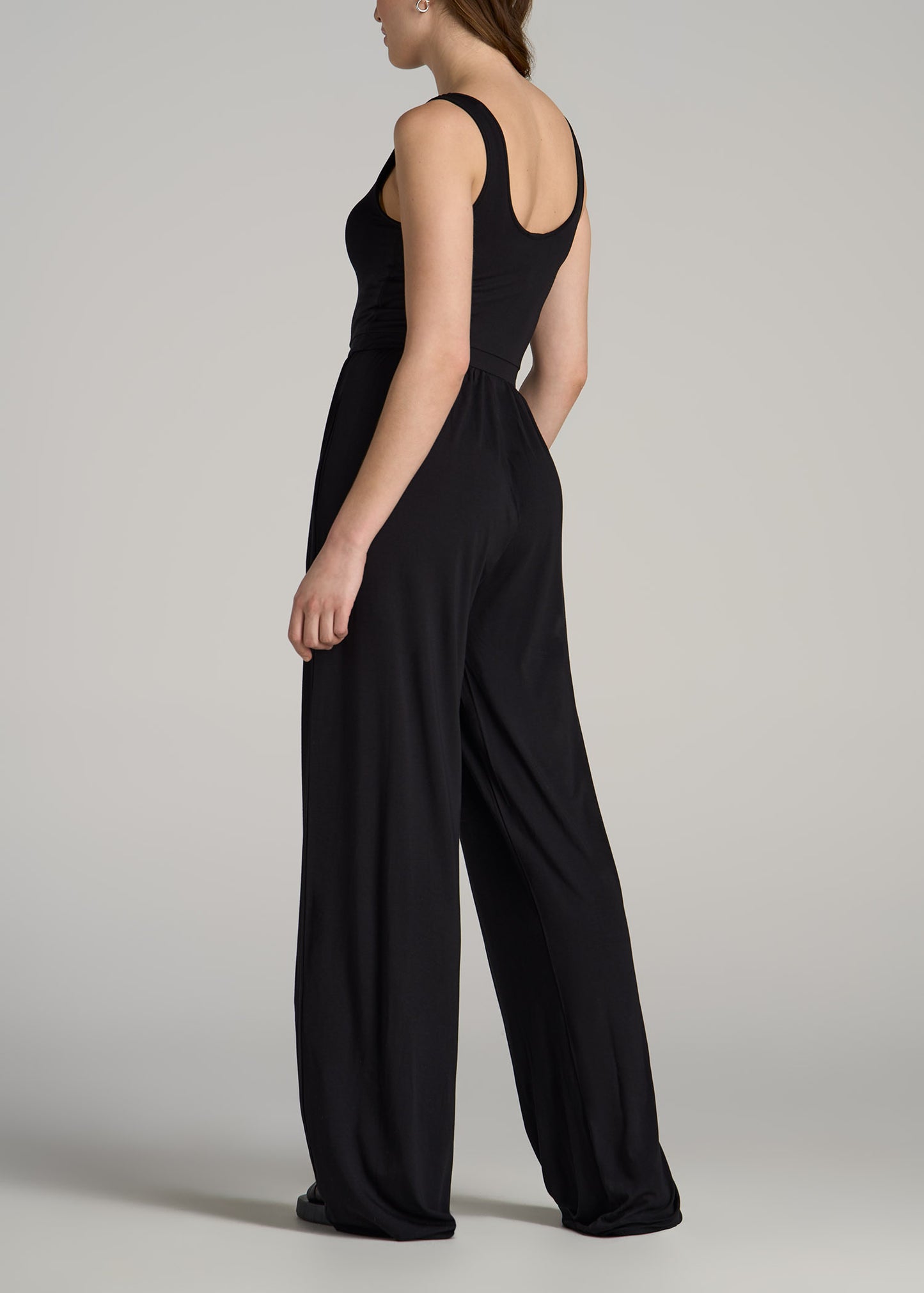 Jersey Tank Wide Leg Tall Women's Jumpsuit with Pockets in Black