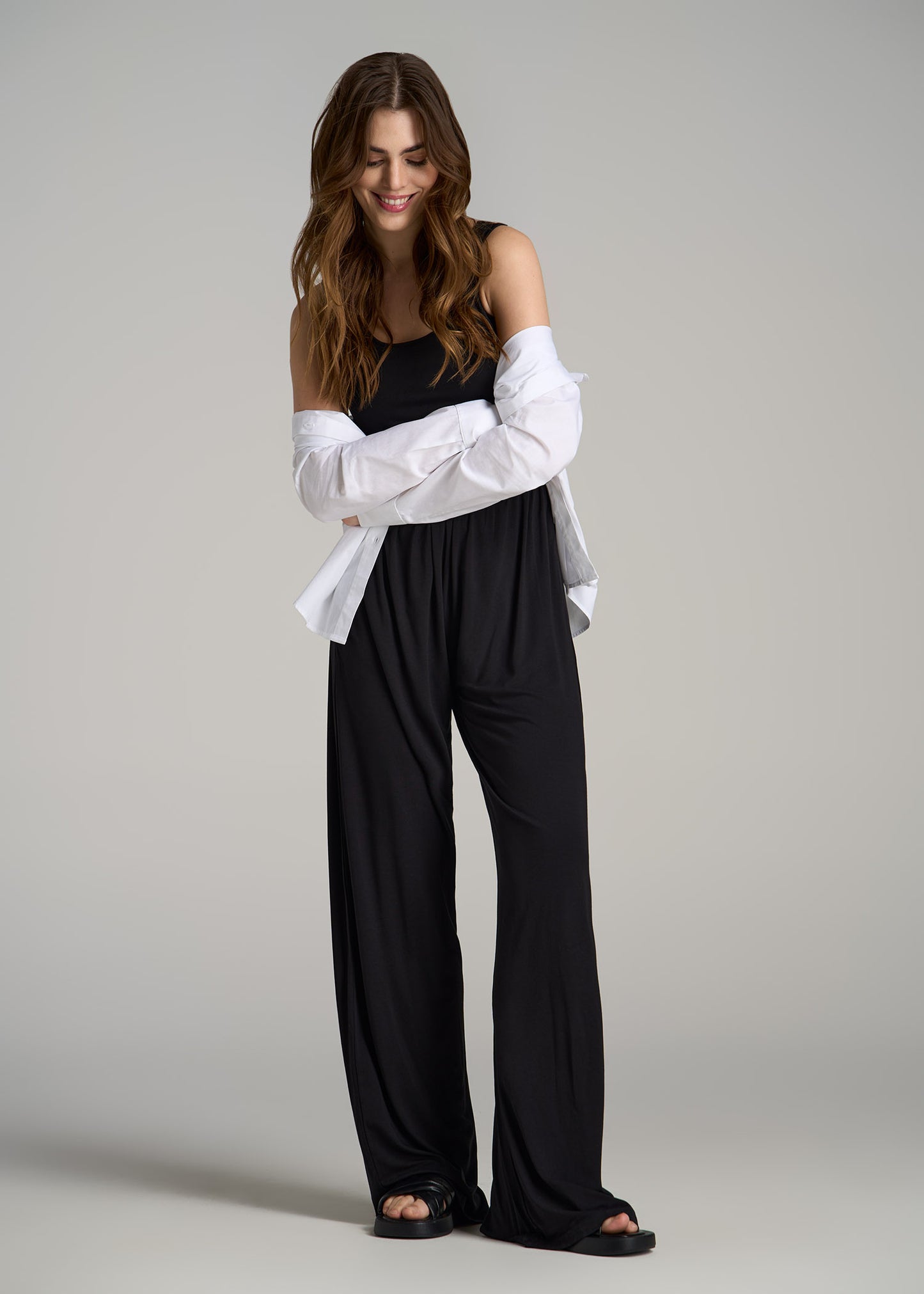 Jersey Tank Wide Leg Tall Women's Jumpsuit with Pockets in Black