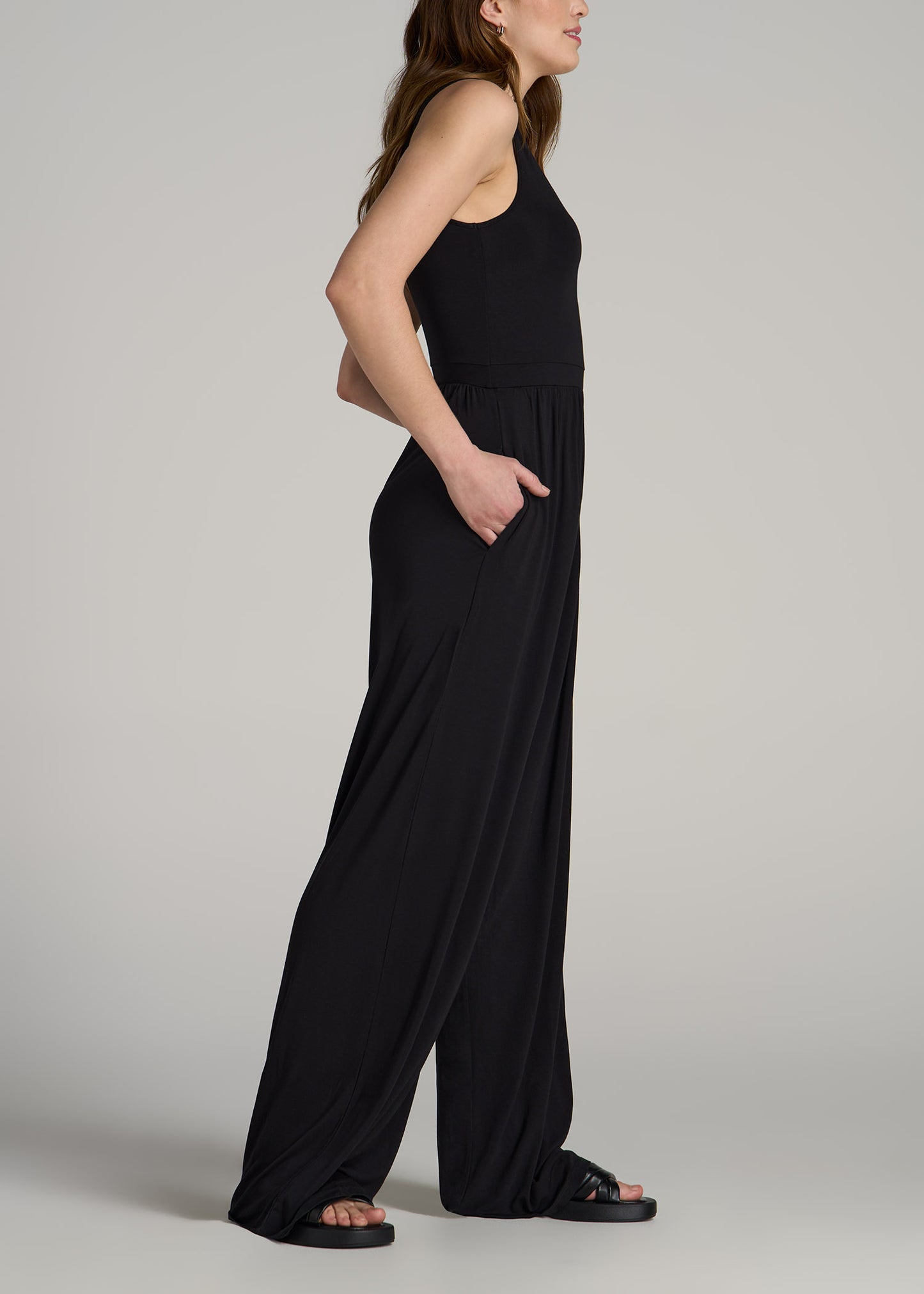 Jersey Tank Wide Leg Tall Women's Jumpsuit with Pockets in Black