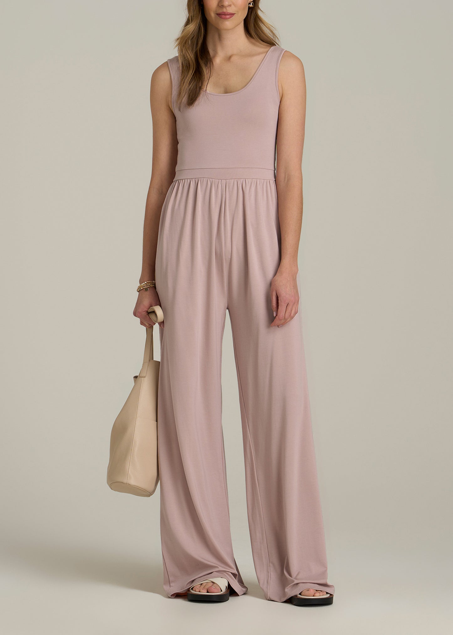 Jersey Tank Wide Leg Tall Women's Jumpsuit with Pockets in Desert Rose