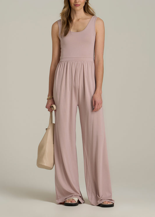 Jersey Tank Wide Leg Tall Women's Jumpsuit with Pockets in Desert Rose