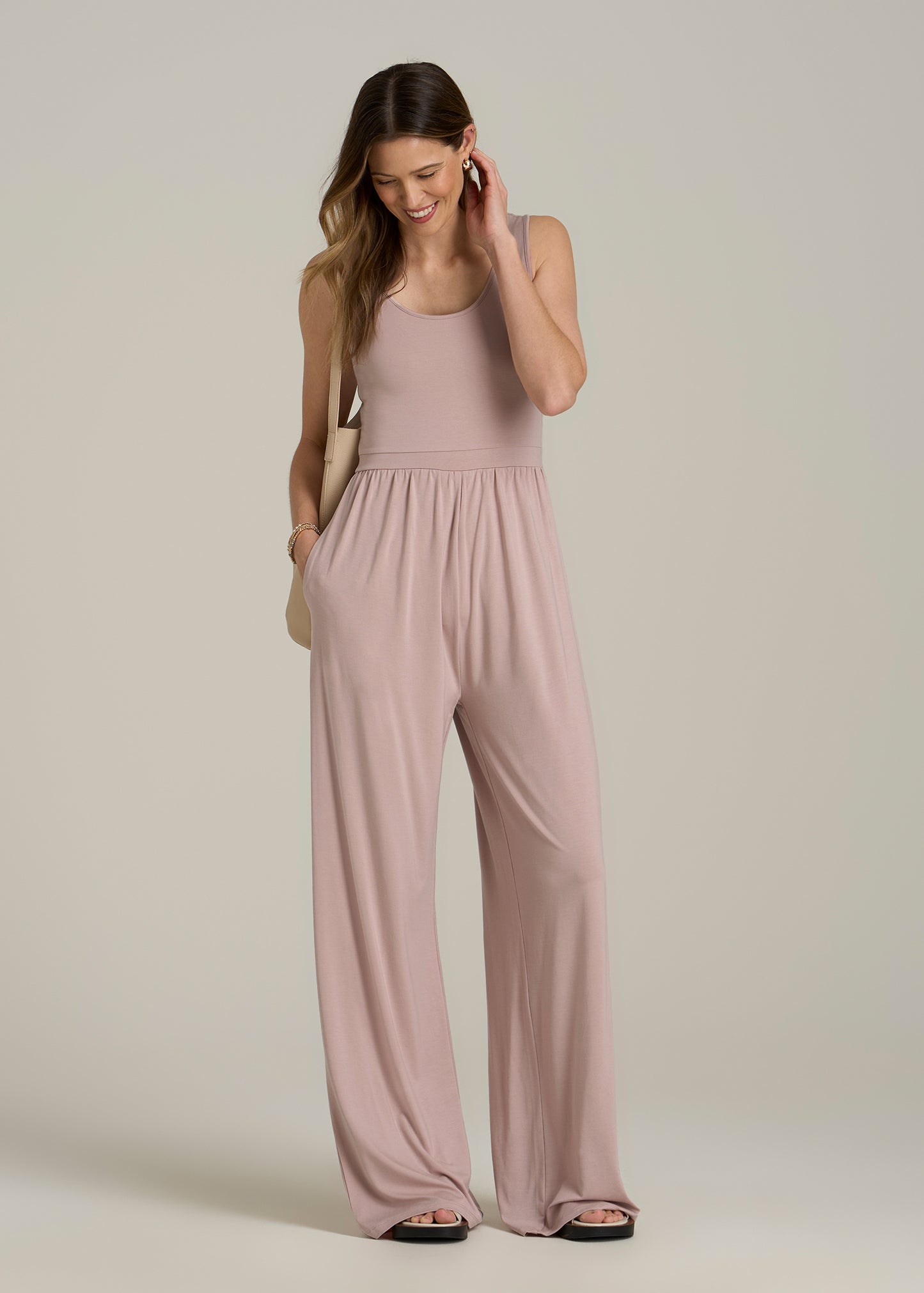 Jersey Tank Wide Leg Tall Women's Jumpsuit with Pockets in Desert Rose