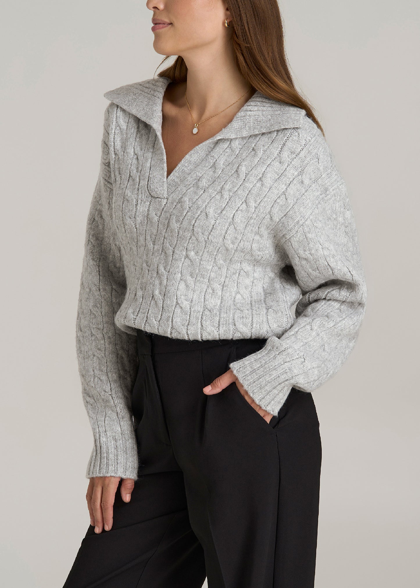 Johnny Collar Cable Knit Sweater for Tall Women in Grey Mix