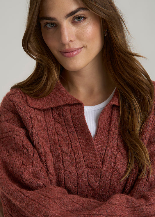 Johnny Collar Cable Knit Sweater for Tall Women in Intense Rust