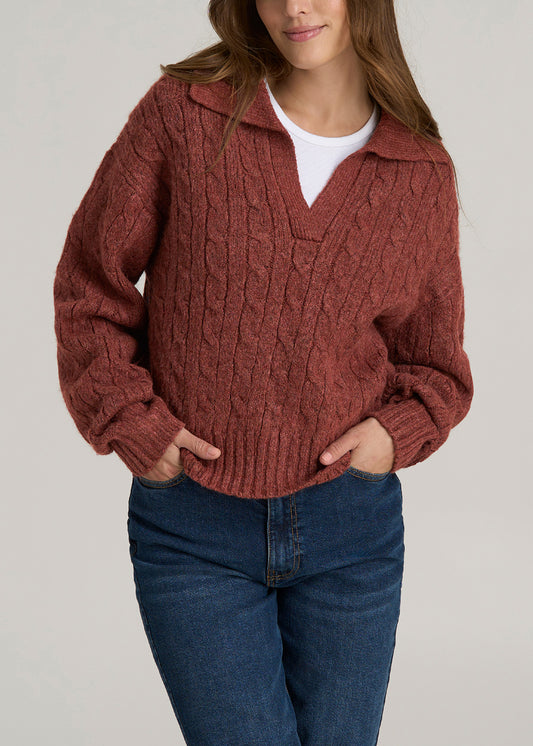 Johnny Collar Cable Knit Sweater for Tall Women in Intense Rust