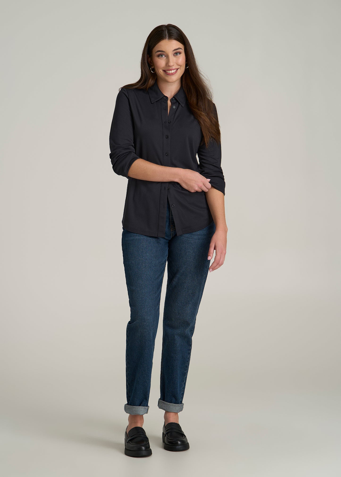 Slub Knit Button Up Women's Tall Shirt in Black