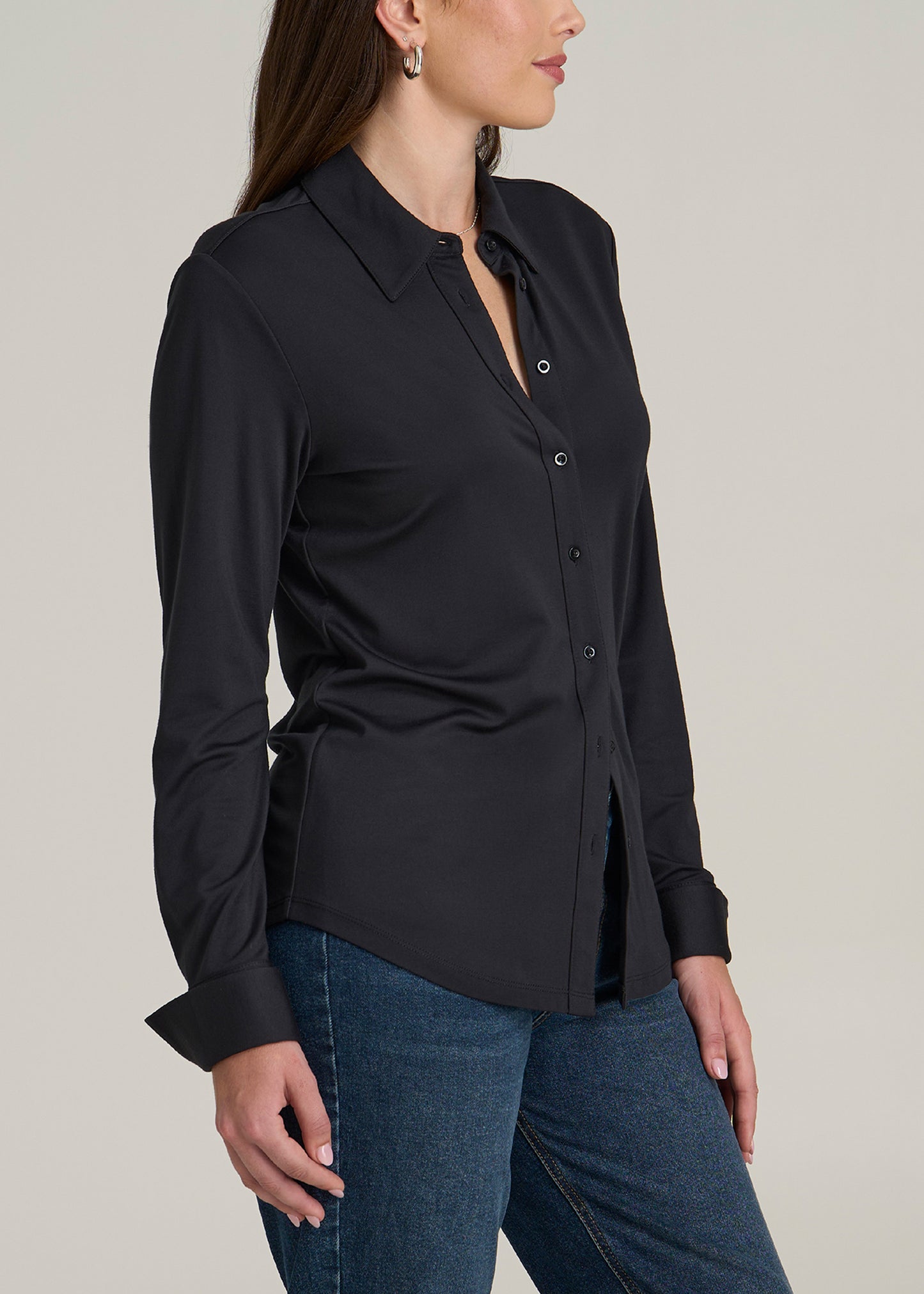 Slub Knit Button Up Women's Tall Shirt in Black