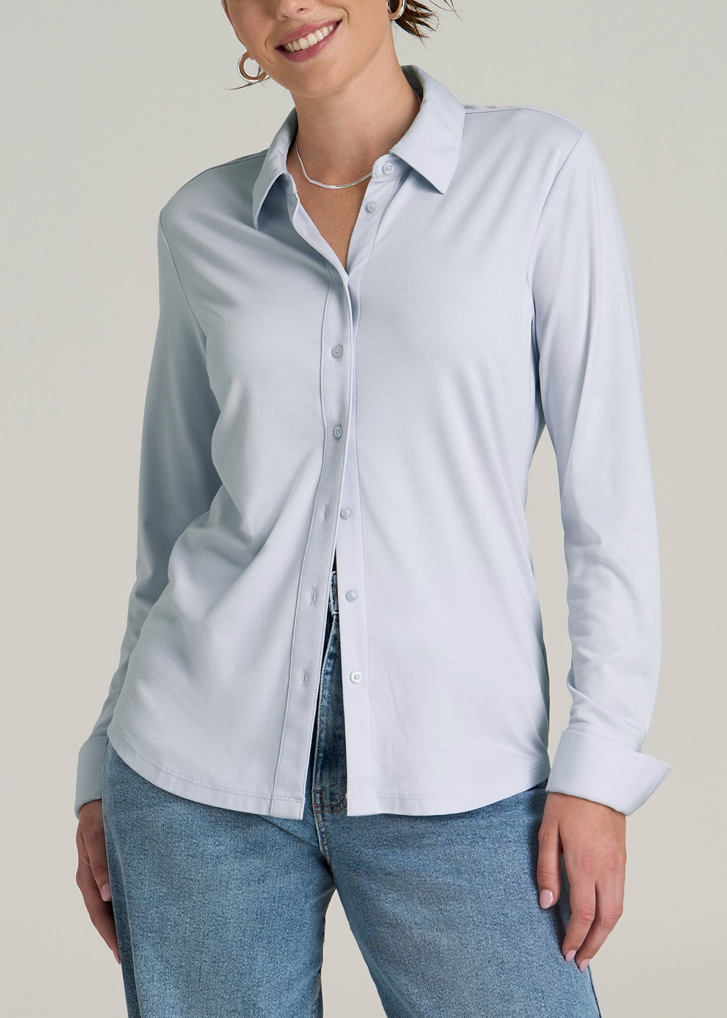 Slub Knit Button Up Women's Tall Shirt in Light Blue