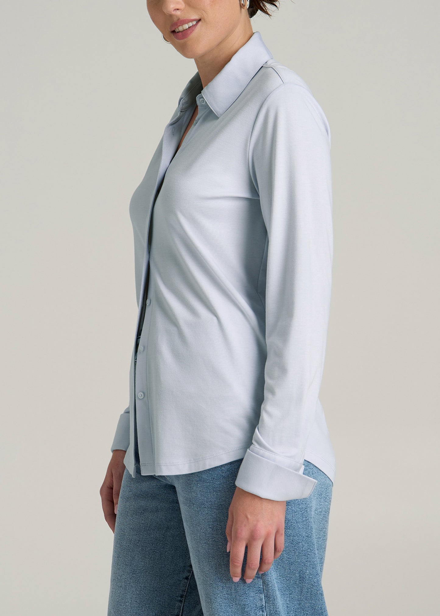 Slub Knit Button Up Women's Tall Shirt in Light Blue