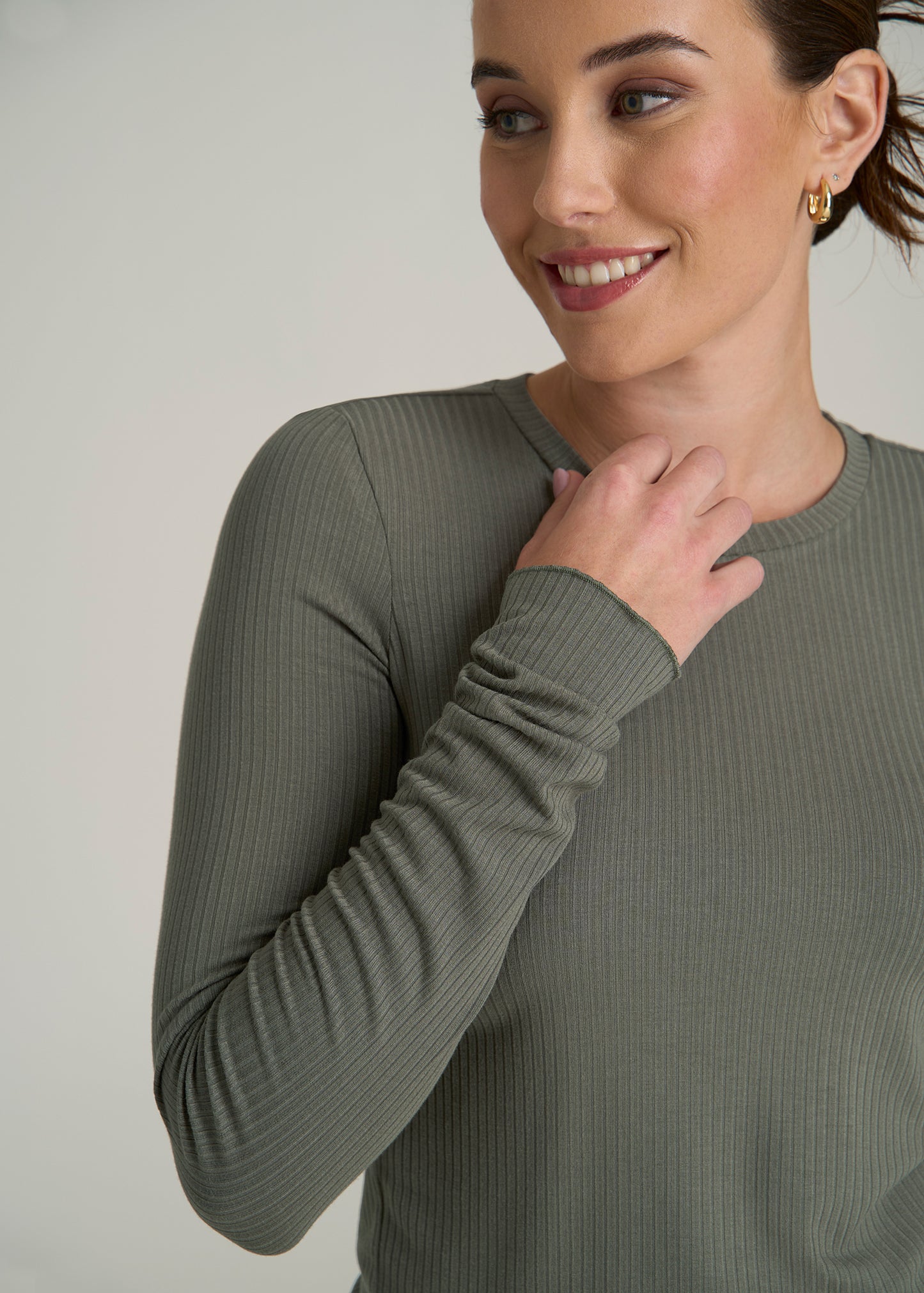 Lightweight Ribbed Cropped Lounge Shirt for Tall Women in Camper Green