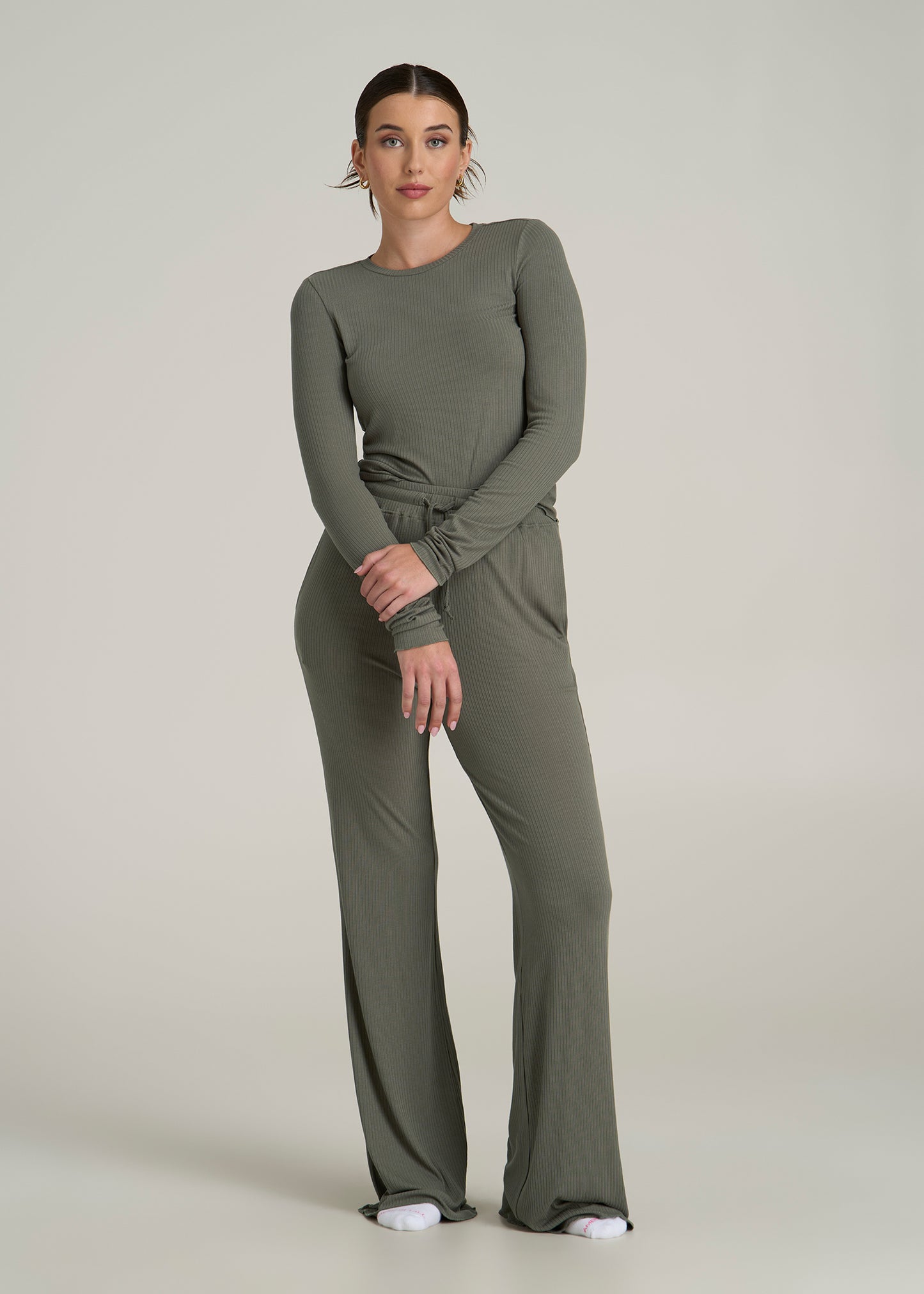 Lightweight Ribbed Cropped Lounge Shirt for Tall Women in Camper Green