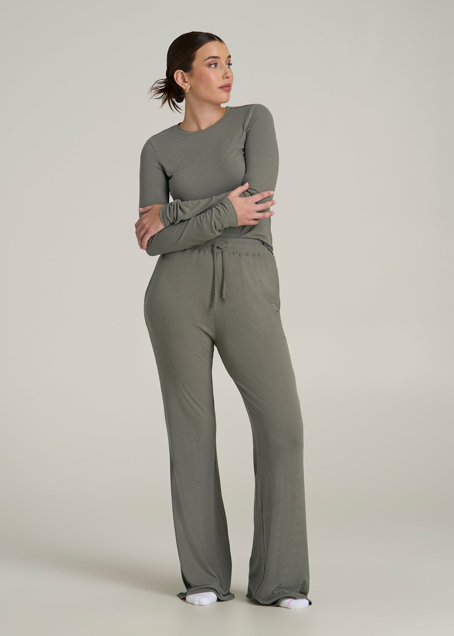 Ribbed Flare Pants for Tall Women in Camper Green