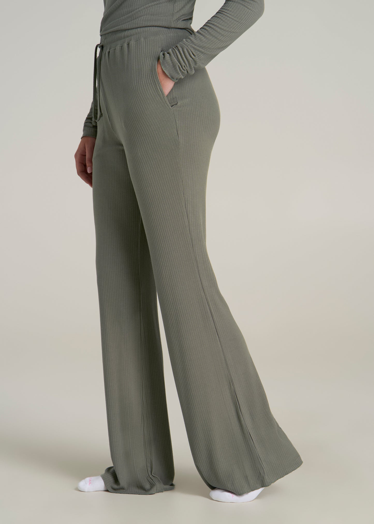 Ribbed Flare Pants for Tall Women in Camper Green