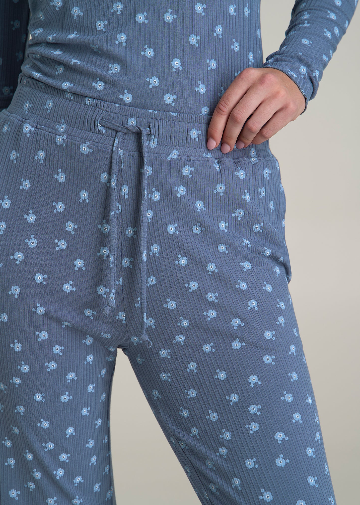 Ribbed Flare Pants for Tall Women in Vintage Indigo Floral