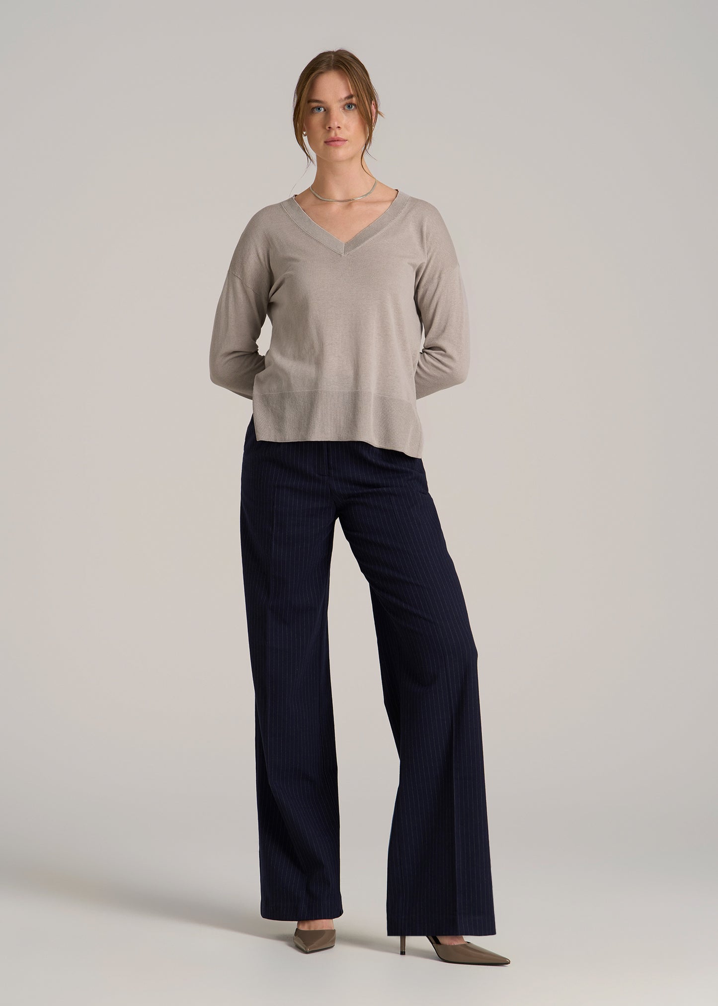 Linen Blend Split Hem V-Neck Sweater for Tall Women in Atmosphere