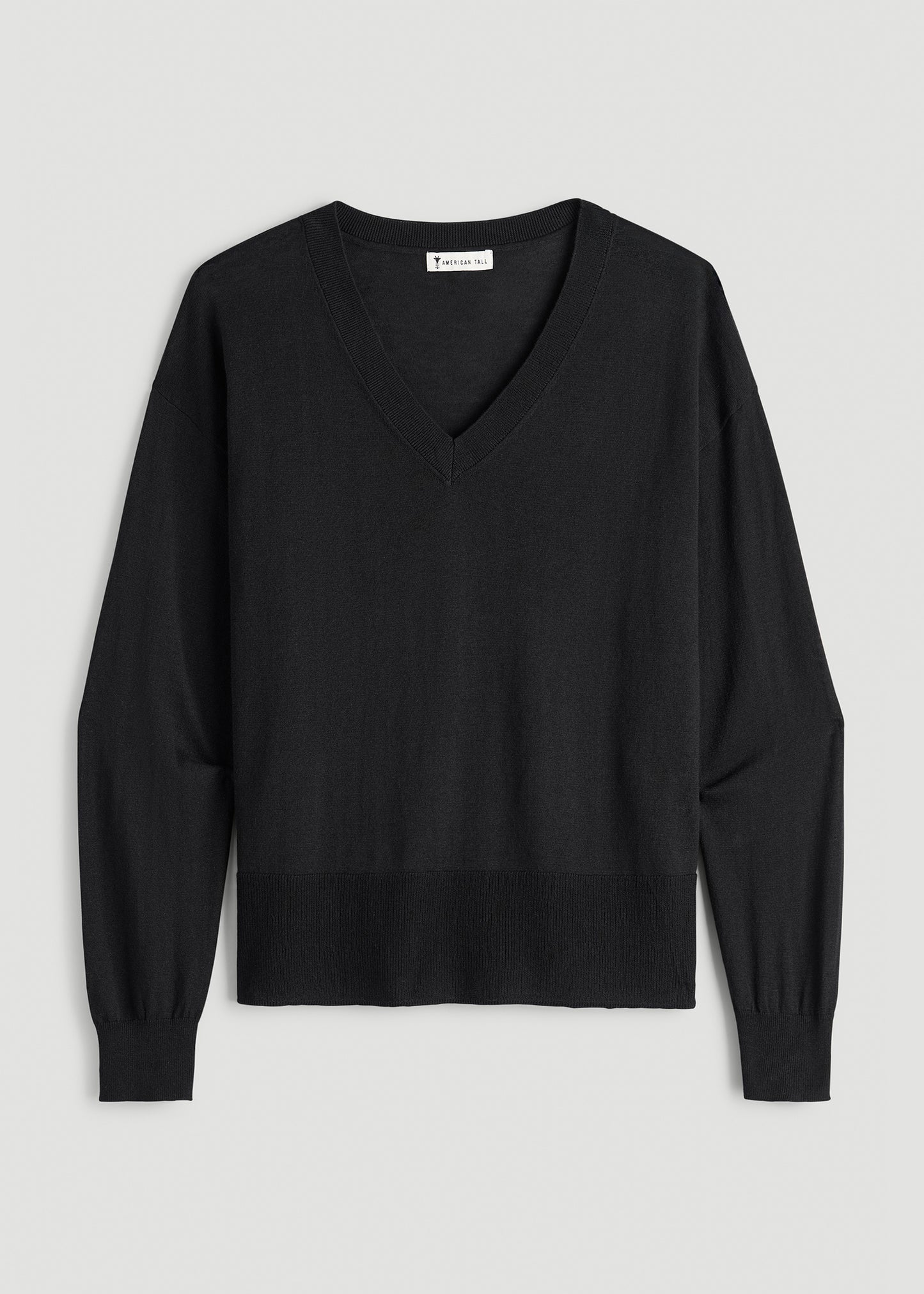 Linen Blend Split Hem V-Neck Sweater for Tall Women in Black