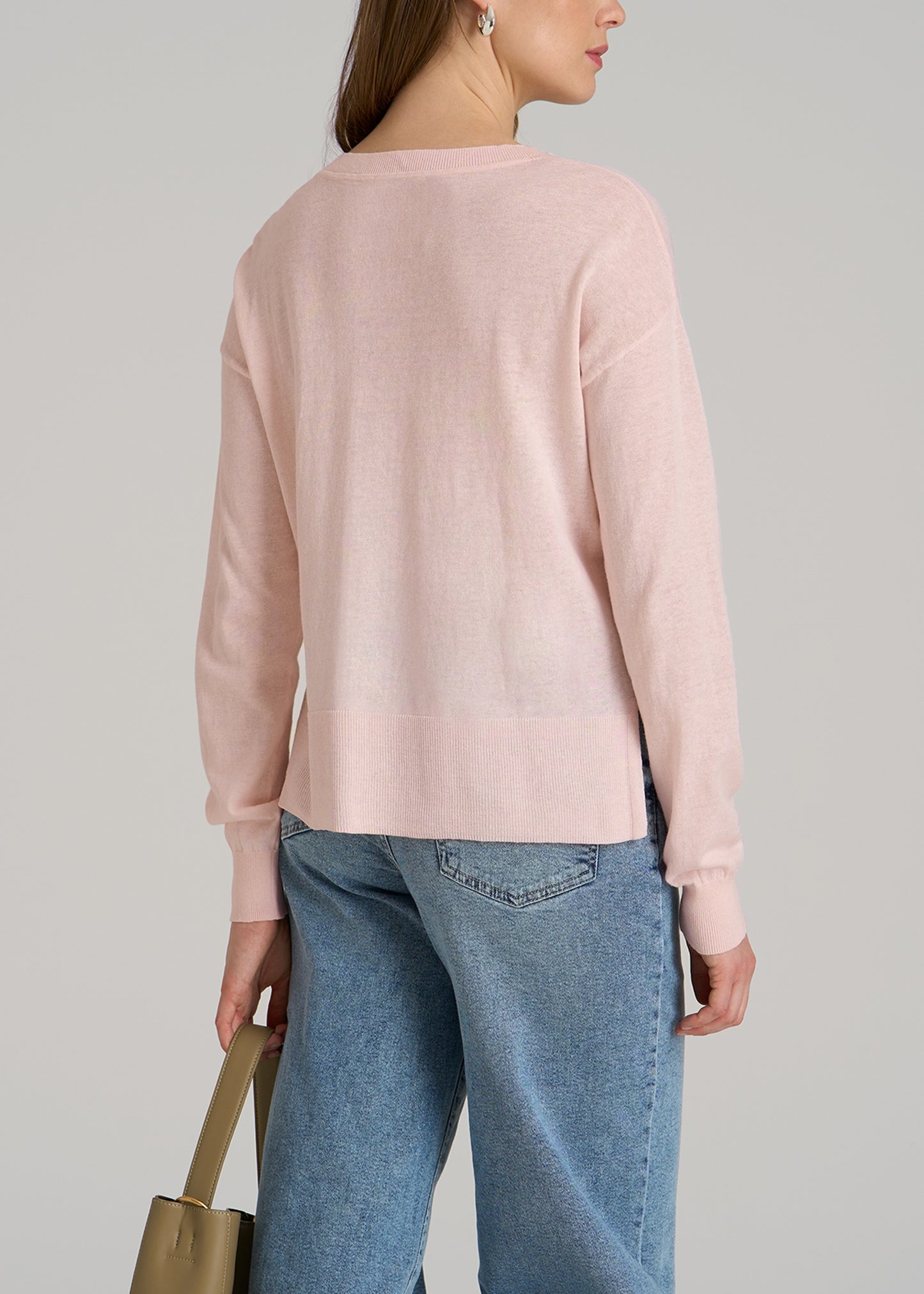 Linen Blend Split Hem V-Neck Sweater for Tall Women in Hush Pink