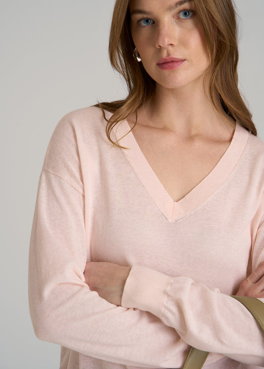 Linen Blend Split Hem V-Neck Sweater for Tall Women in Hush Pink