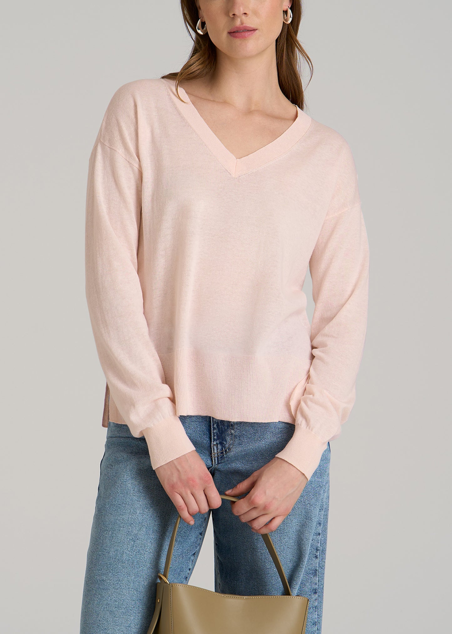 Linen Blend Split Hem V-Neck Sweater for Tall Women in Hush Pink