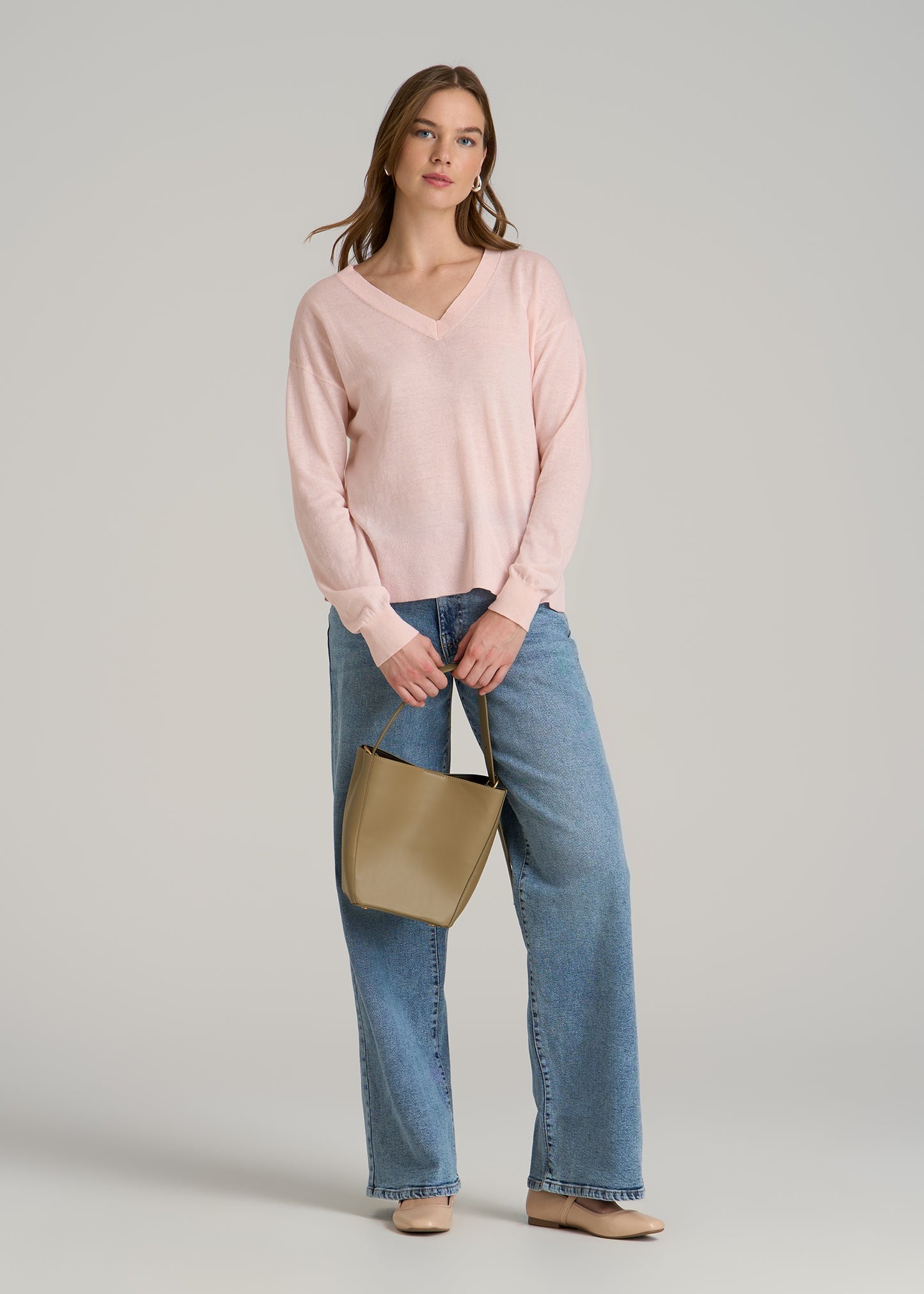 Linen Blend Split Hem V-Neck Sweater for Tall Women in Hush Pink