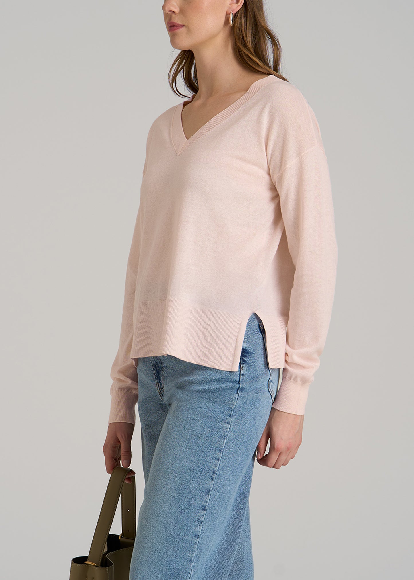 Linen Blend Split Hem V-Neck Sweater for Tall Women in Hush Pink