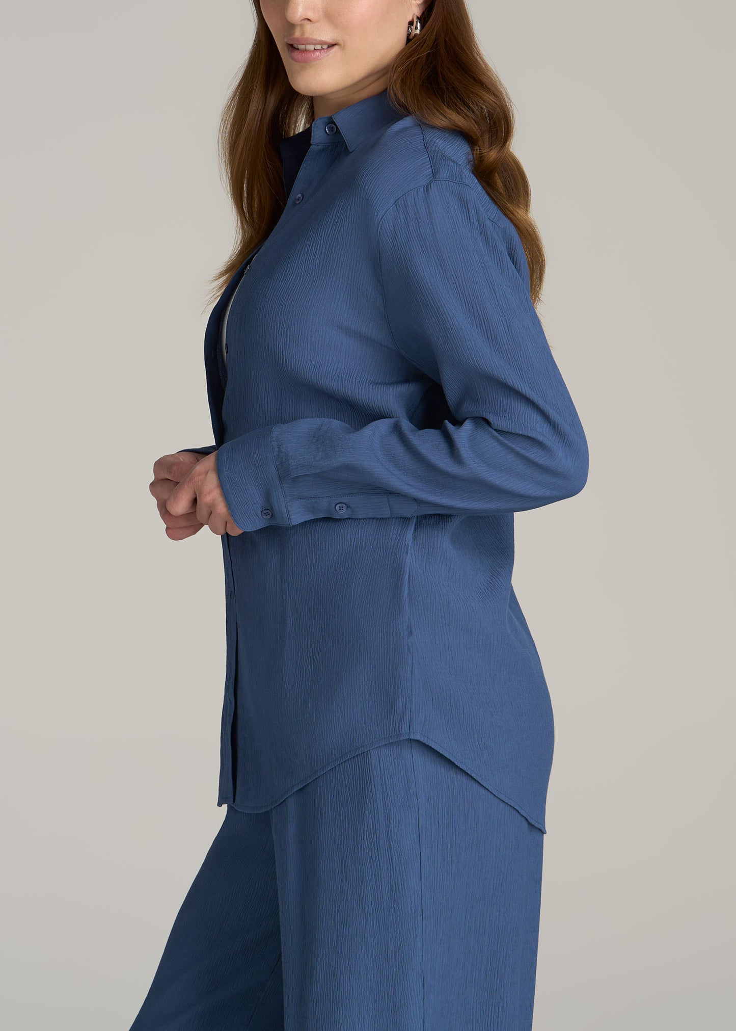 Long Sleeve Crinkle Tall Women's Blouse in Steel Blue