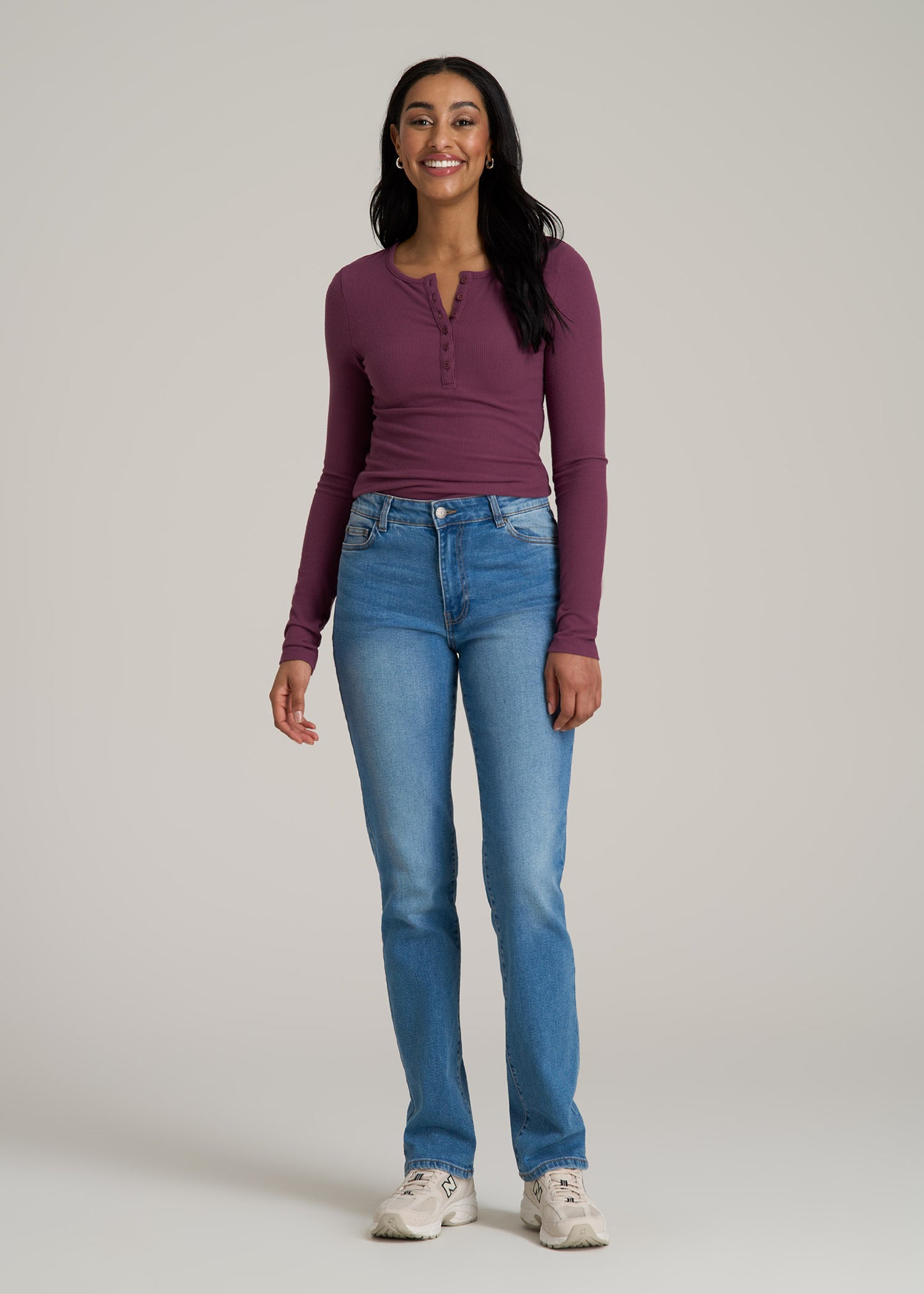 Long Sleeve Ribbed Crewneck Women's Tall Henley Shirt in Purple Gumdrop