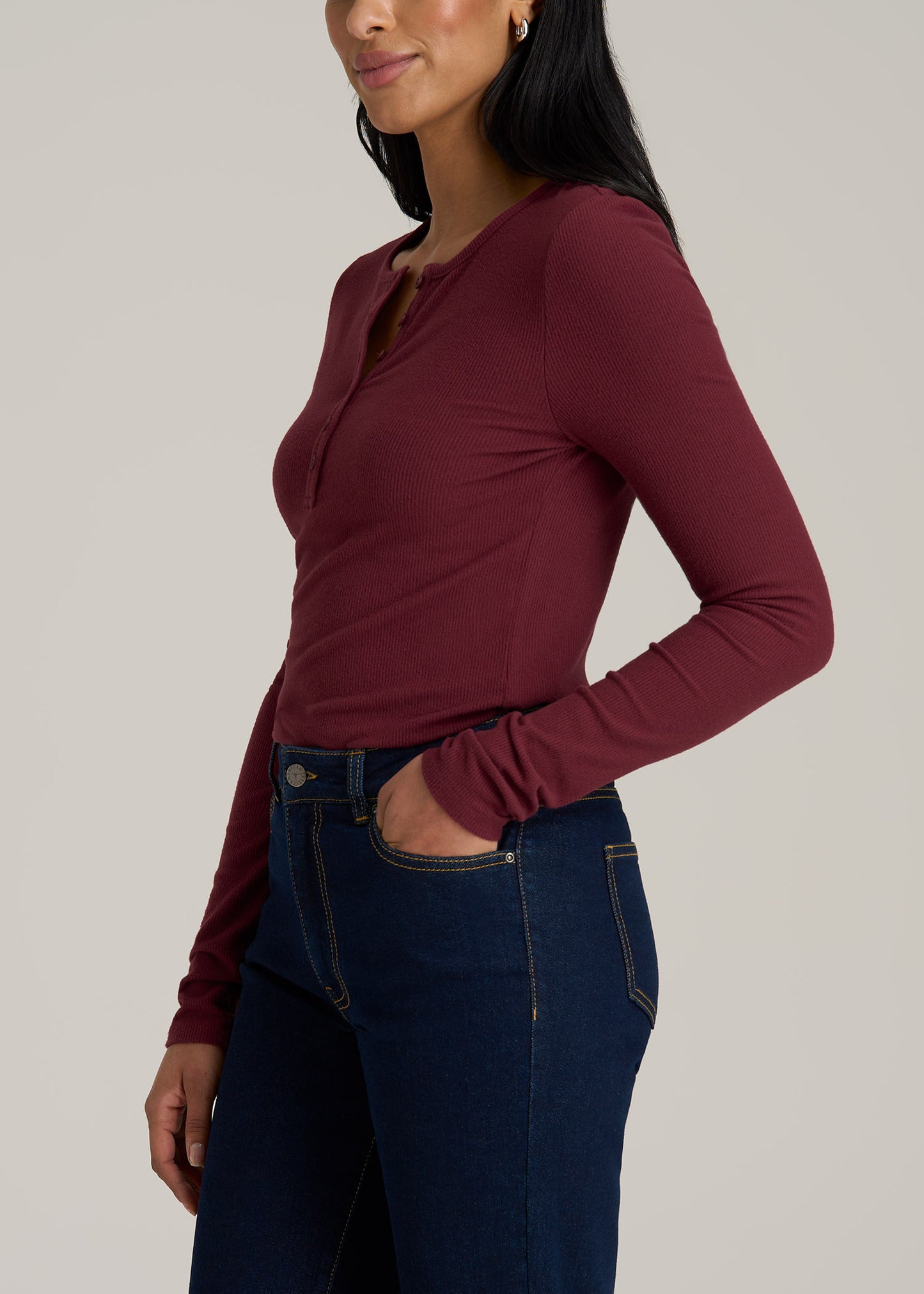 Long Sleeve Ribbed Crewneck Women's Tall Henley Shirt in Red Ochre