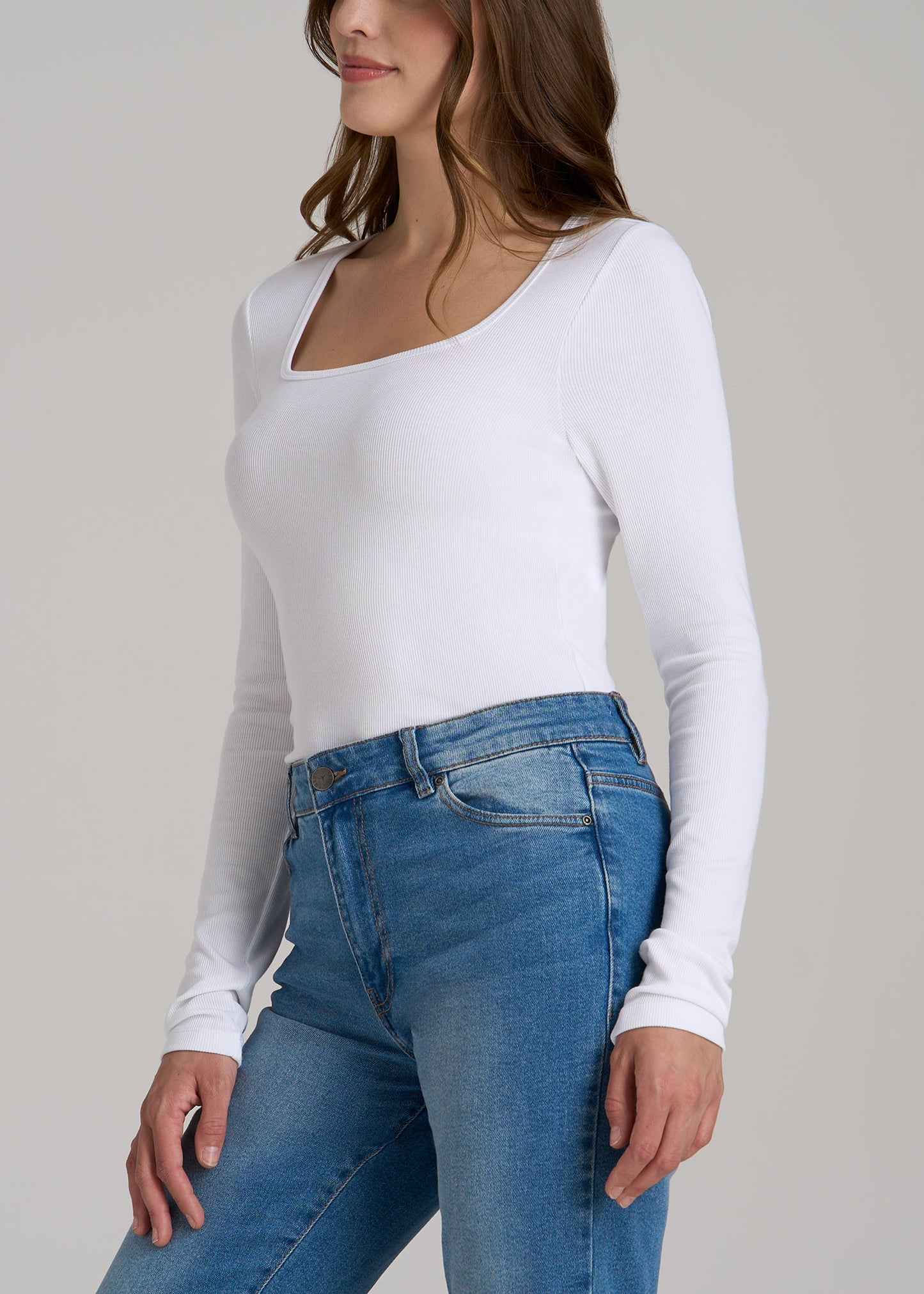 Long Sleeve Ribbed Squareneck Top for Tall Women in Bright White