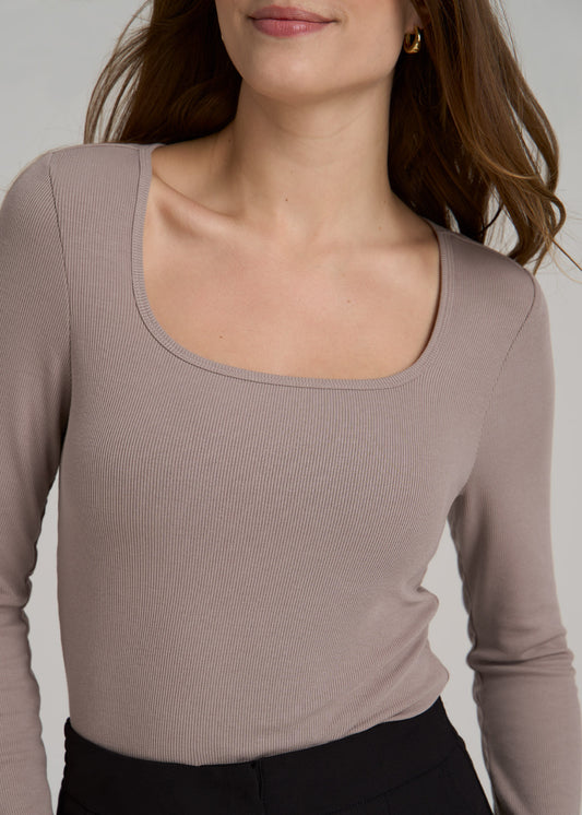 Long Sleeve Ribbed Squareneck Top for Tall Women in Truly Taupe