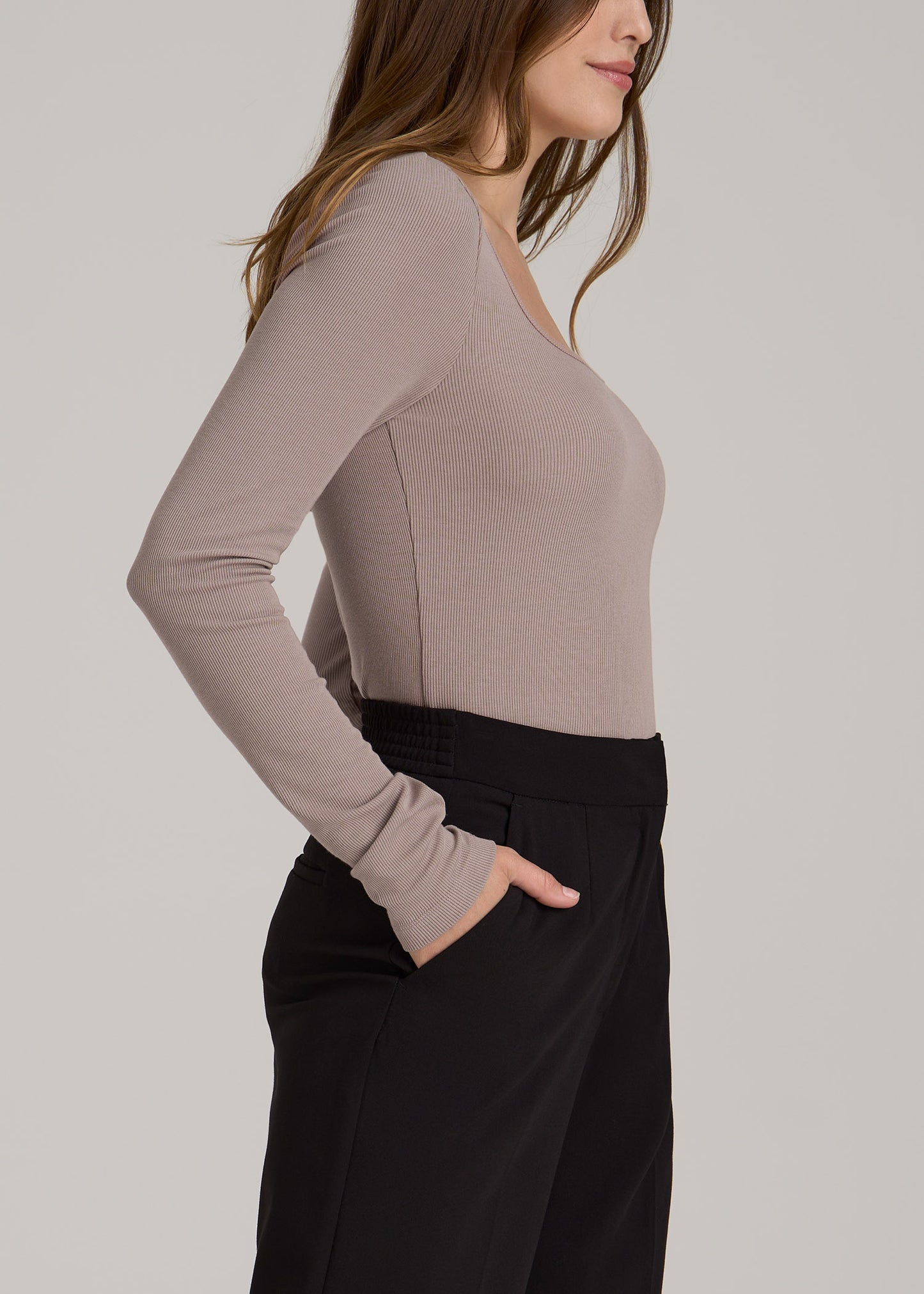 Long Sleeve Ribbed Squareneck Top for Tall Women in Truly Taupe